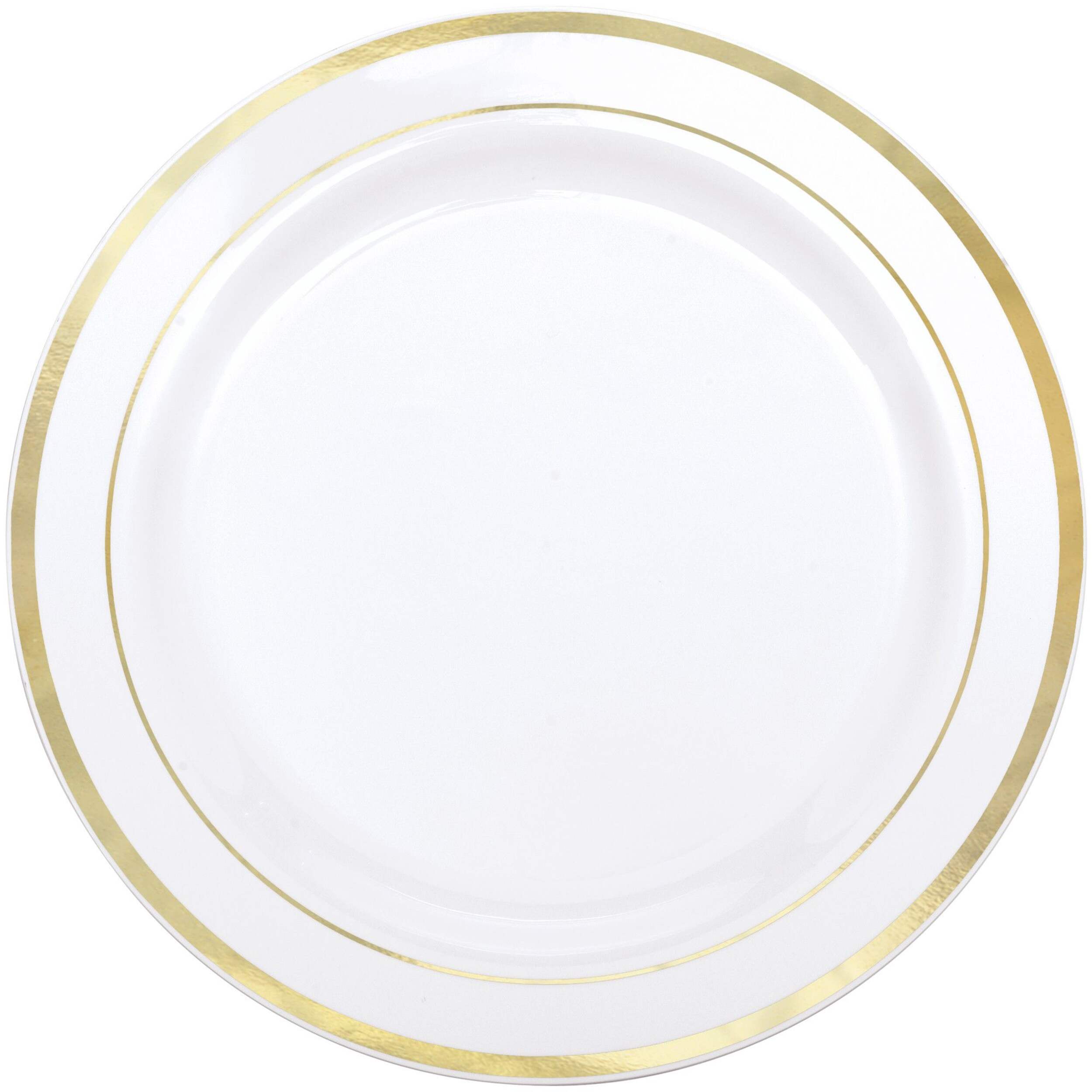 Round Bordered Trimmed Plastic Reusable Dinner Plates, Gold/White, 10-in, 20-pk, for Christmas/Thanksgiving/New Year's Eve/Easter/Birthday Party Overhead_Flat