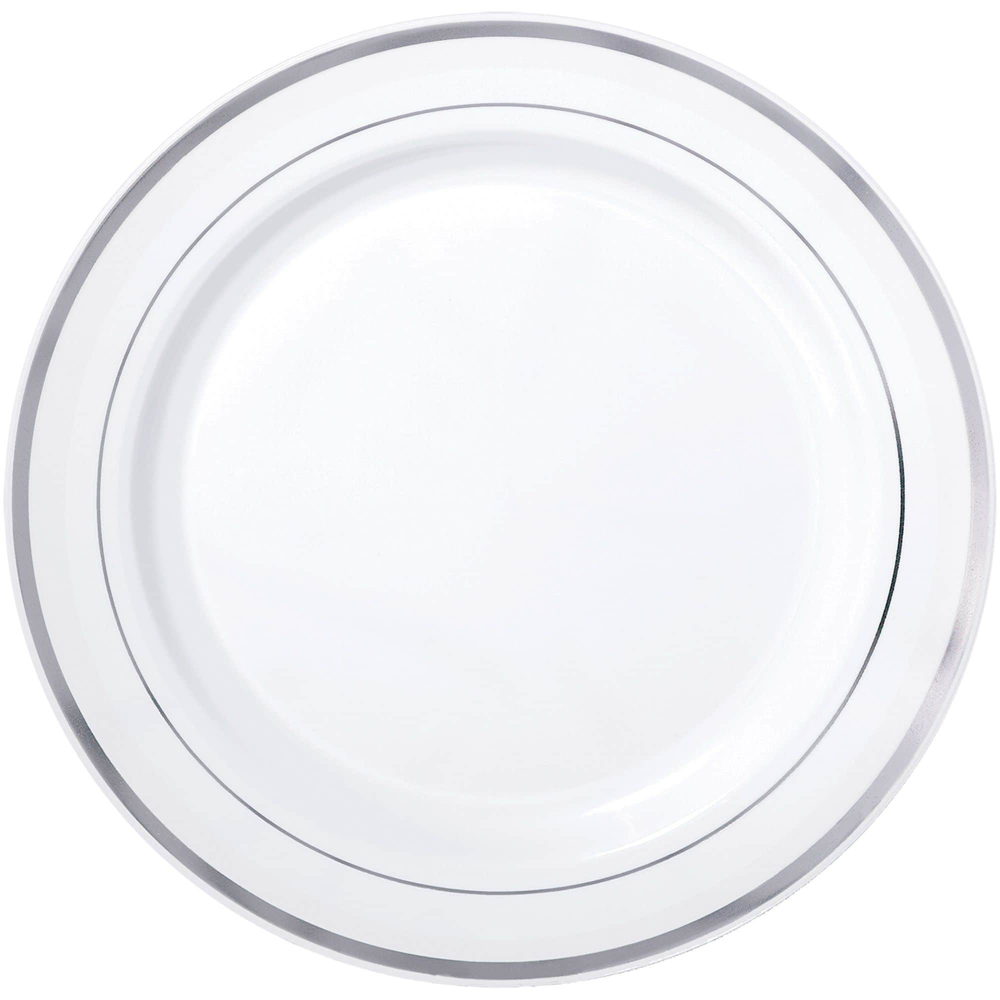 Round Bordered Trimmed Plastic Reusable Dinner Plates, Silver/White, 10 ...