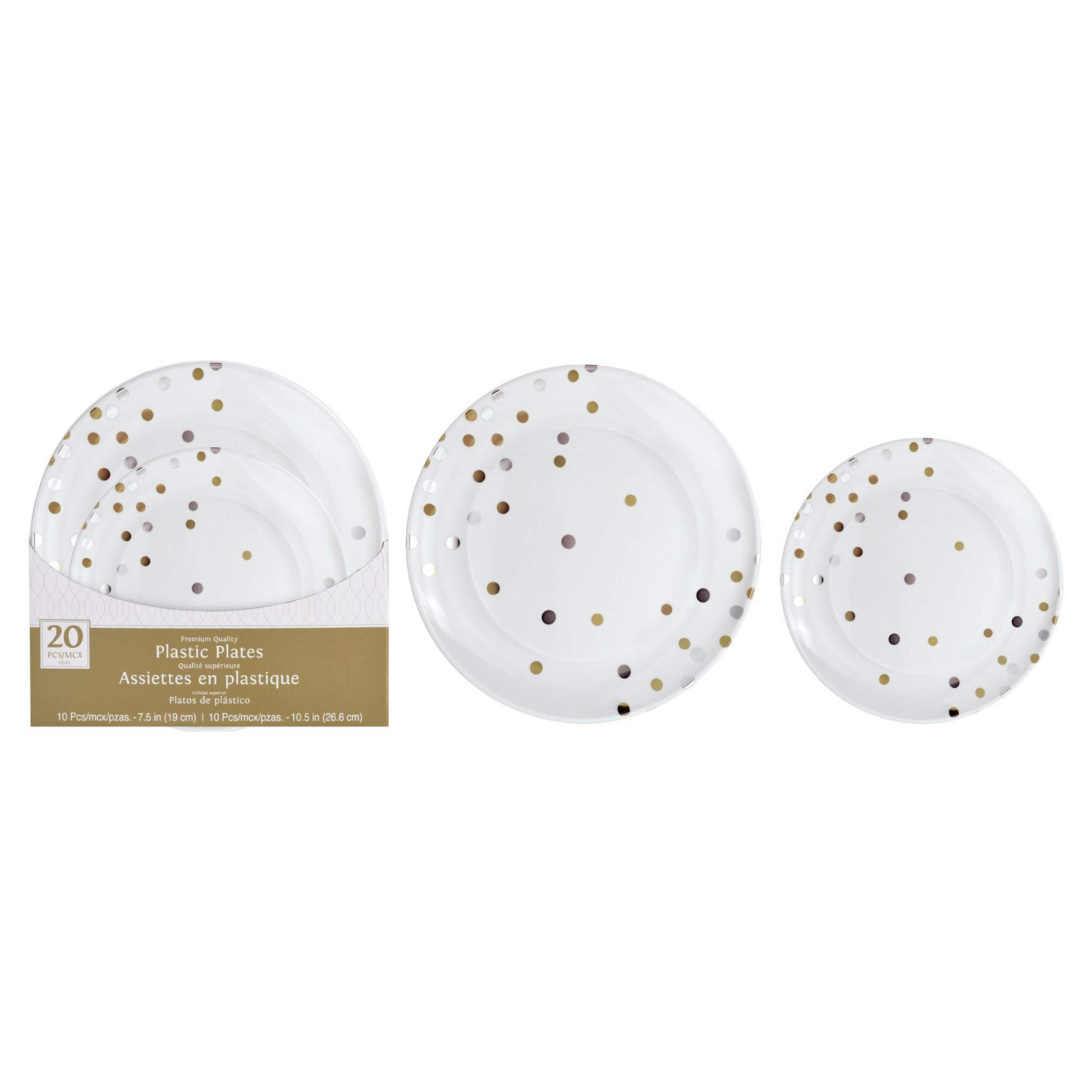 Round Plastic Reusable Dinner & Dessert Plates, Gold/Silver, Polka Dot, 7.5-in & 10.5-in,20-pk,for New Year's Eve/Christmas/Birthday Party Composite_or_Mixed