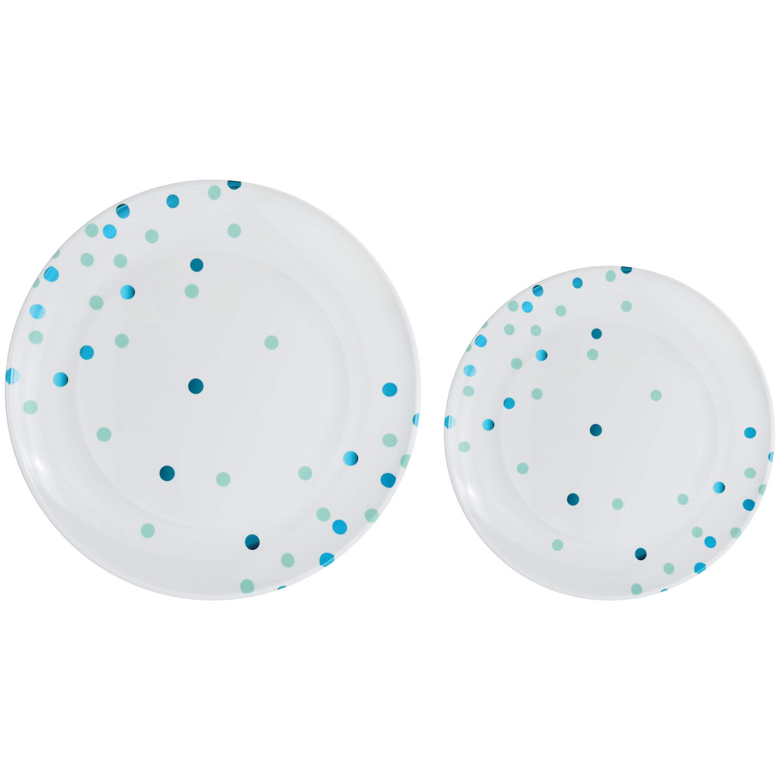 Round Plastic Reusable Dinner & Dessert Plates, Blue/White, Polka Dot, 7.5-in & 10.5-in,20-pk, for Baby Shower/Summer/Birthday Party Overhead_Flat