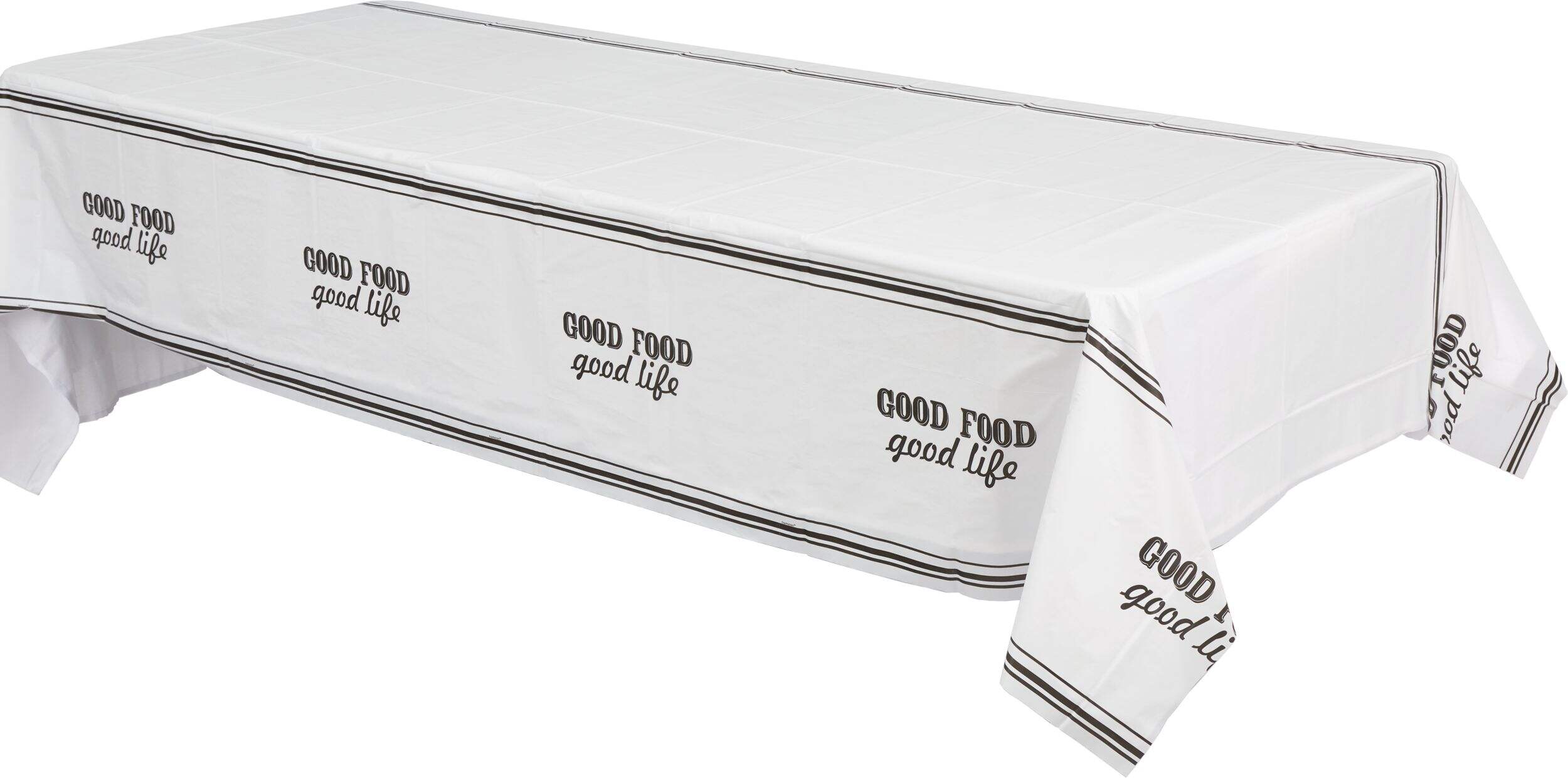 "Good Food Good Life" Easy-Clean Reusable Plastic Table Cover Front_Angled_Left