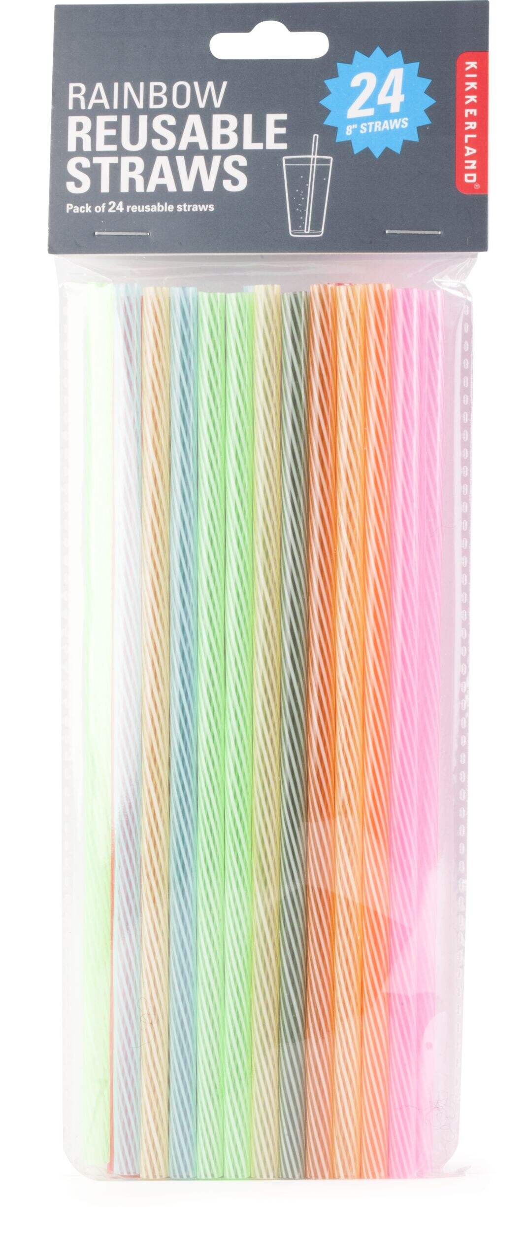 Plastic Reusable Straws, Multi-Coloured, Striped, 8-in, 24-pk, for Birthday Party Front_Flat