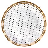 Sophistiplate Blanc Noir Round Bordered Trimmed Paper Disposable Dinner Plates, White/Gold, 10-in, 8-pk, for Christmas/New Year's Eve/Wedding Overhead_Flat