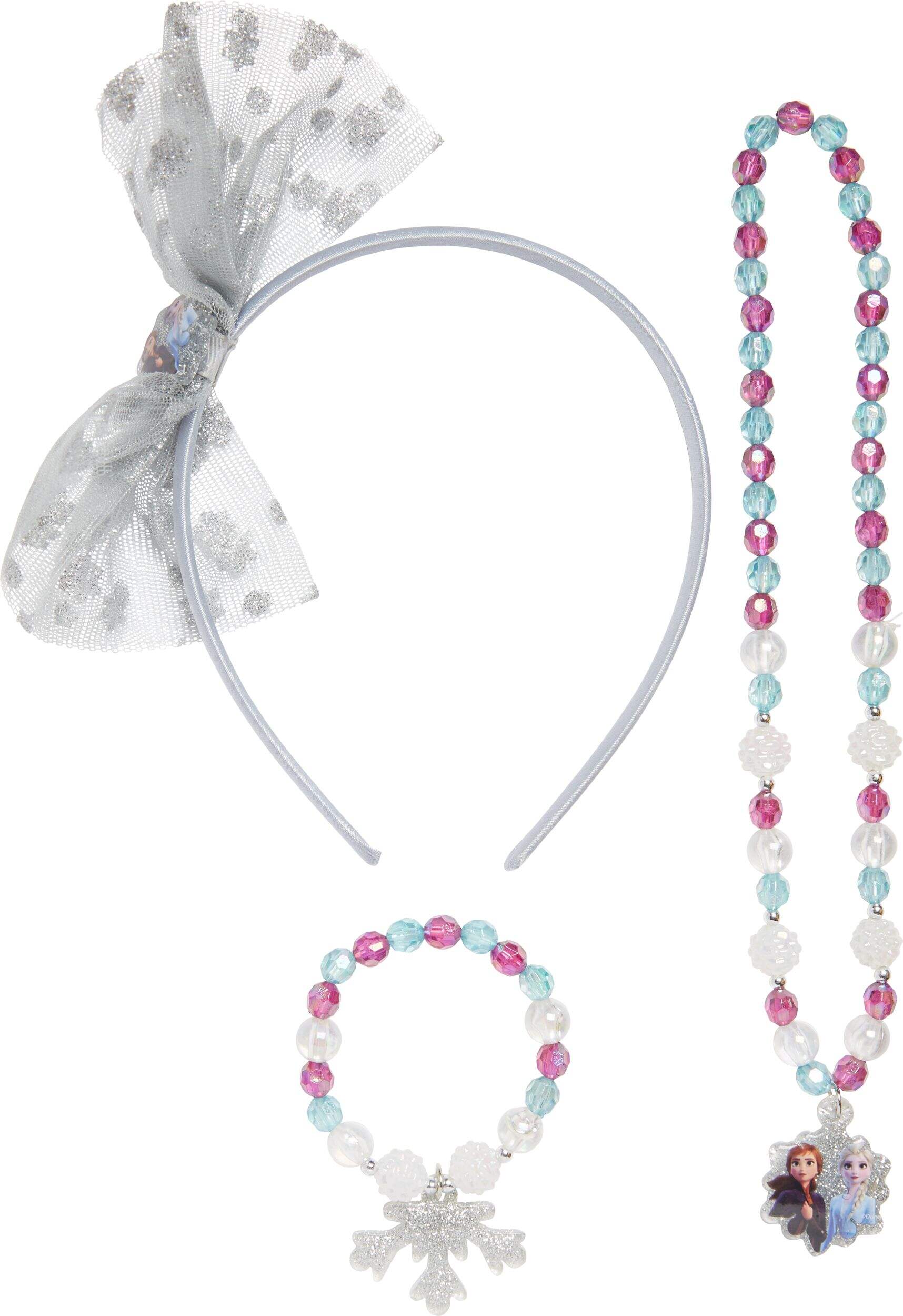 Accessoires d'Elsa et Anna Disney La Reine des neiges avec serre-têtes, colliers et bracelets, blanc/bleu/violet, taille unique, paq. 3, accessoires à porter pour anniversaires Front_Flat