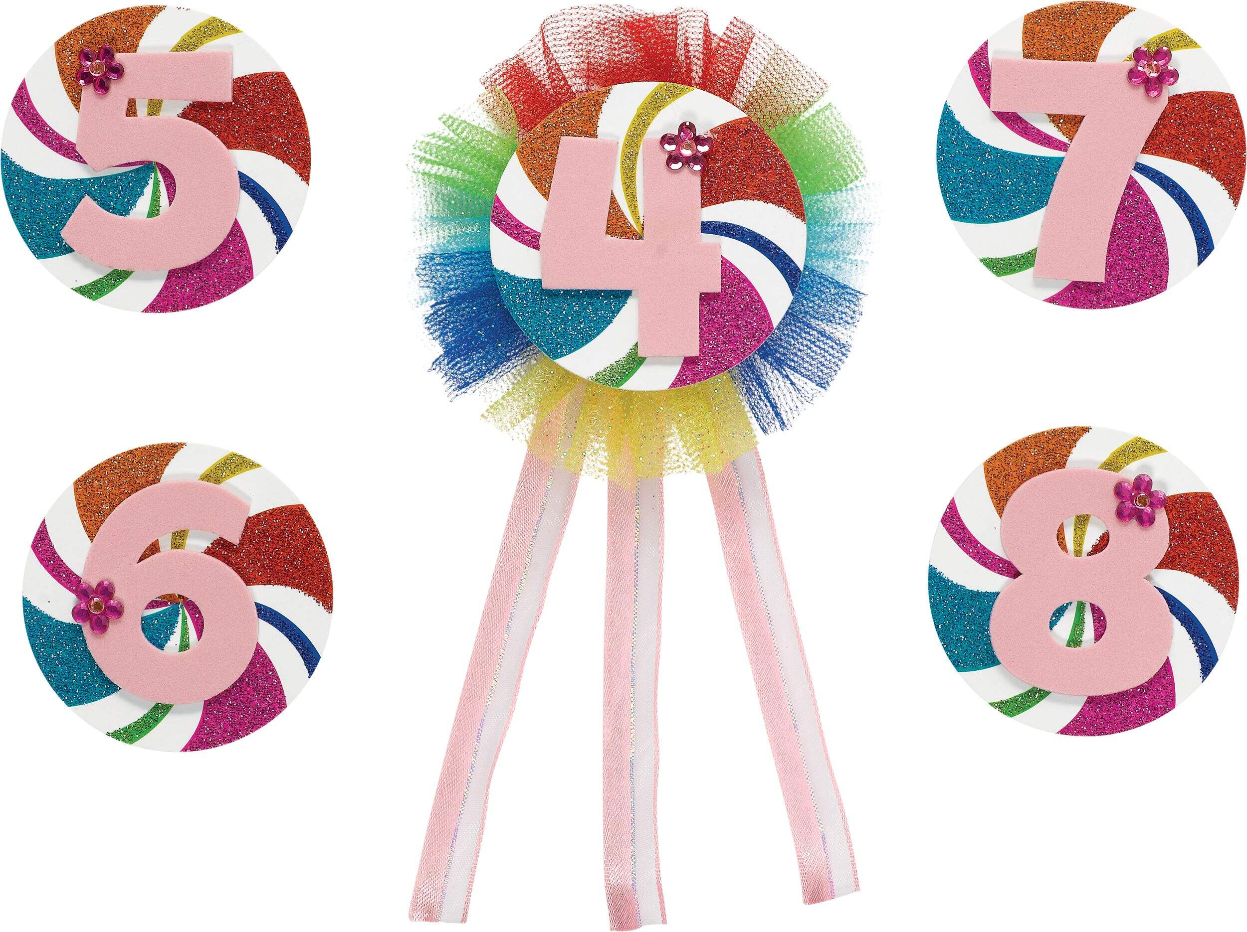 Customizable DIY Award Ribbon Button & Numbers Kit, Multi-Coloured Rainbow Swirl, One Size, 5-pk, Wearable Accessories for Birthdays Front_Flat