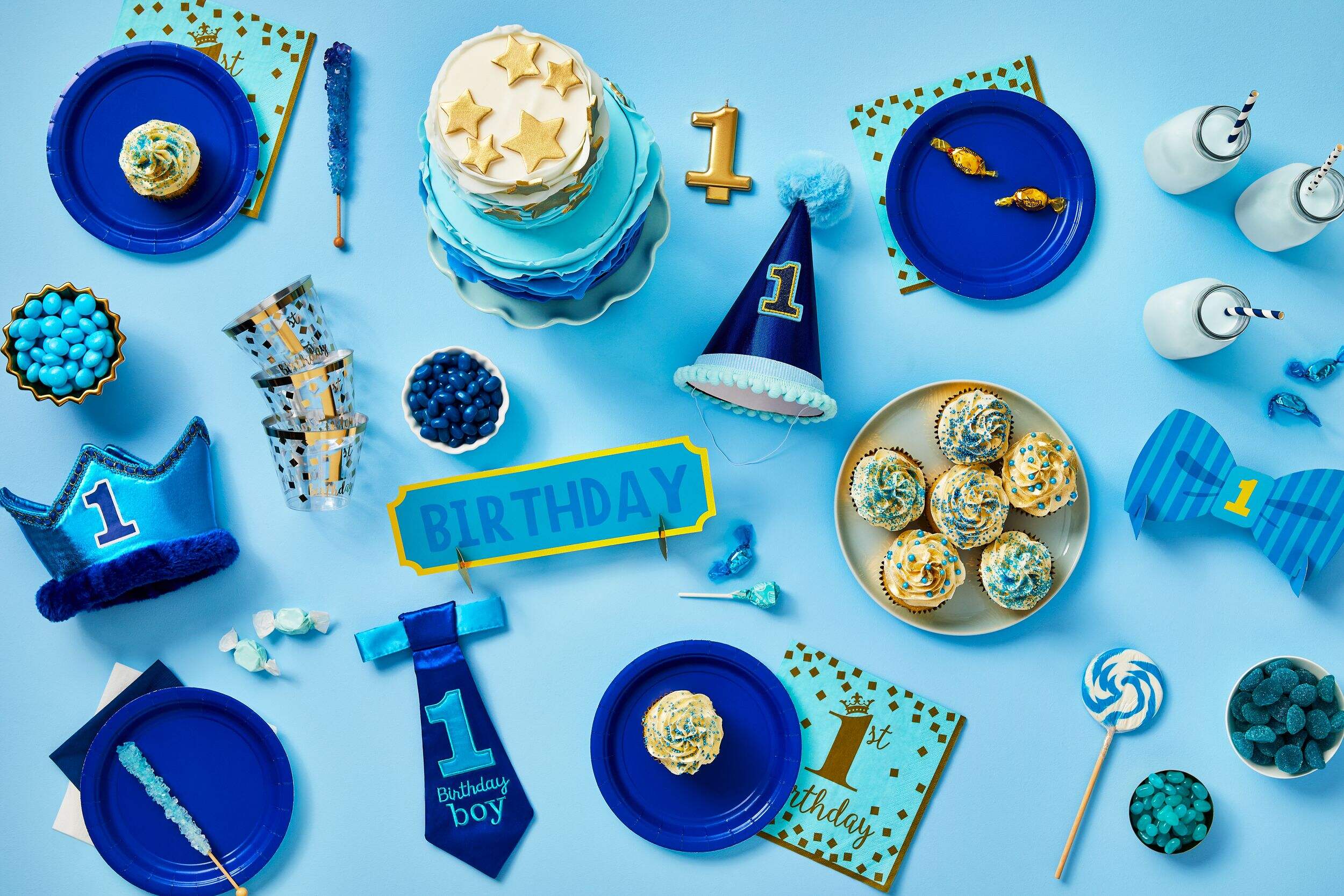 "1st Birthday" Table Decorating Kit Centerpieces Blue/Gold, 13-in, 6-pk, for Birthday Party Overhead_Flat
