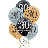 Ballons en latex ronds célébration étincelante 30 Happy Birthday, argent/noir/or, à pois, 12 po, paq. 15, pour fête d'anniversaire