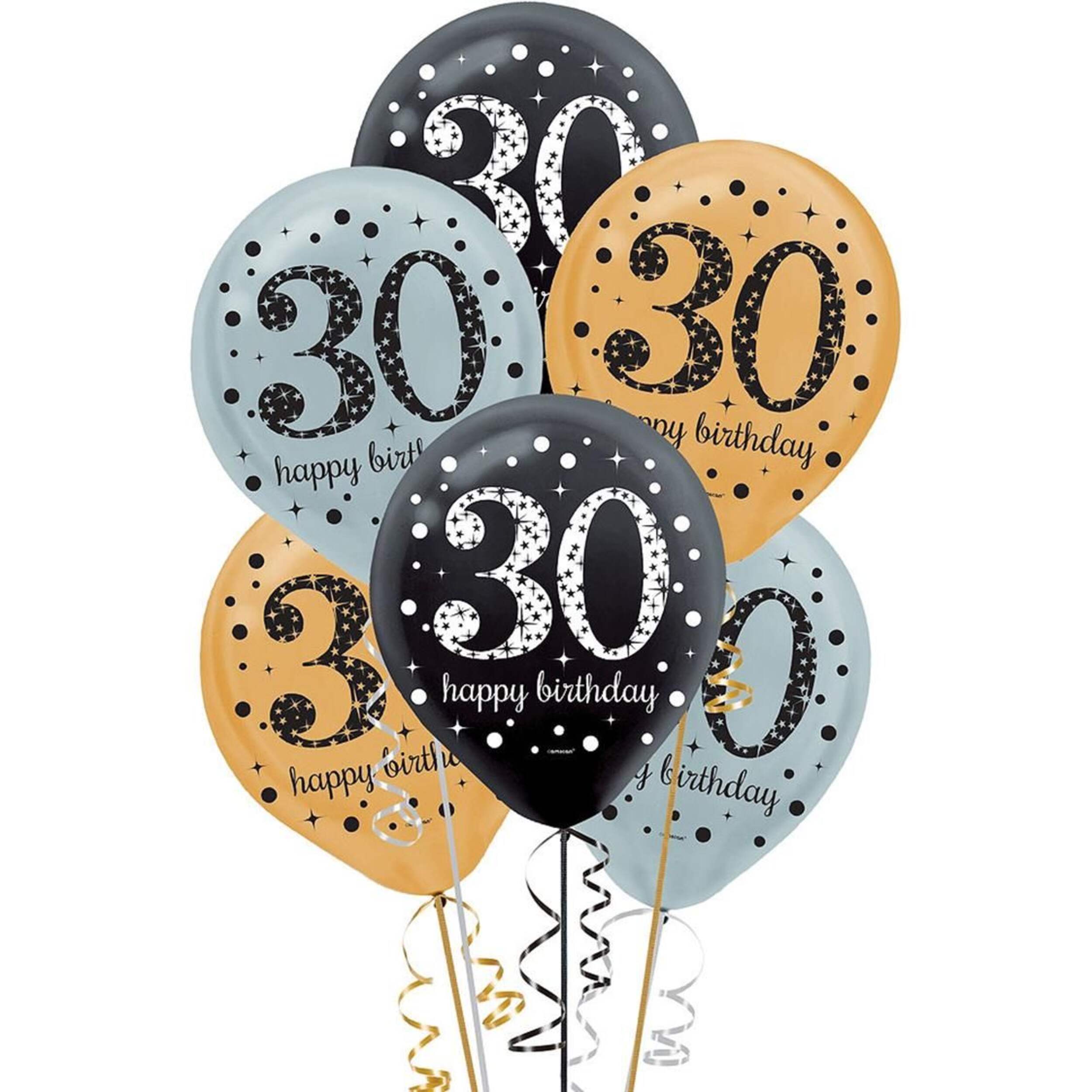 Sparkling Celebration "30 Happy Birthday" Round Latex Balloons, Silver/Black/Gold, Polka Dot, 12-in, 15-pk, for Birthday Party Front_Flat