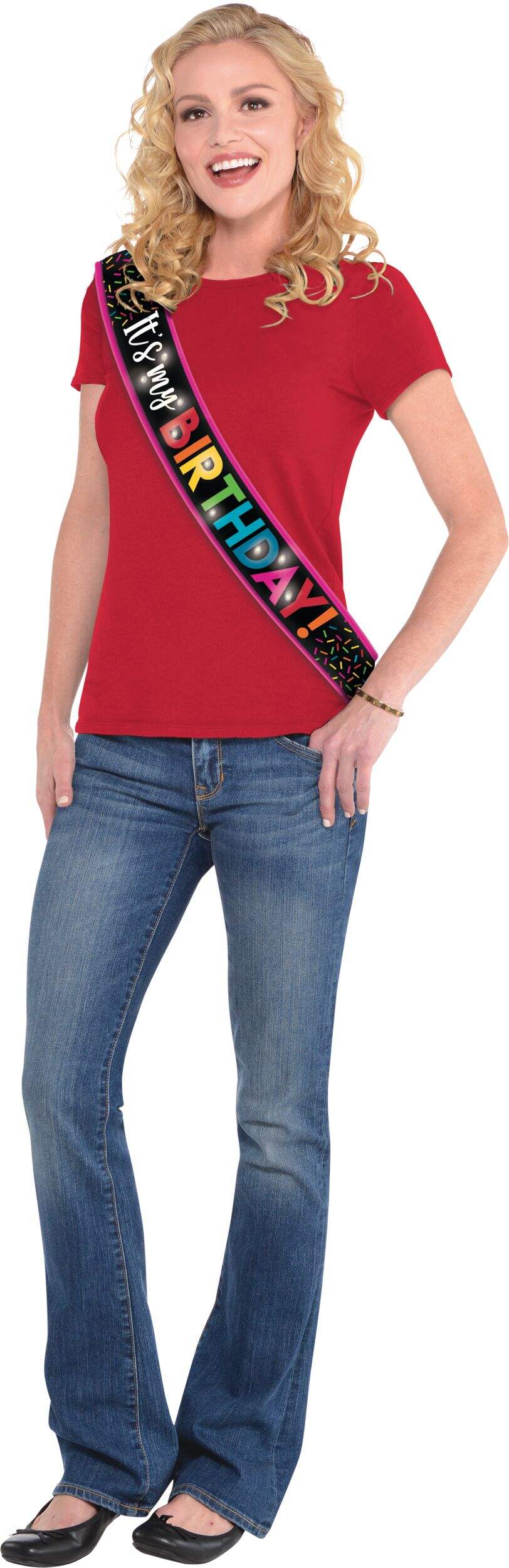 Balloon Birthday "It's My Birthday" Light-Up Sash, Black Multi-Coloured, One Size, Wearable Accessory for Birthdays Front_Angled_Left