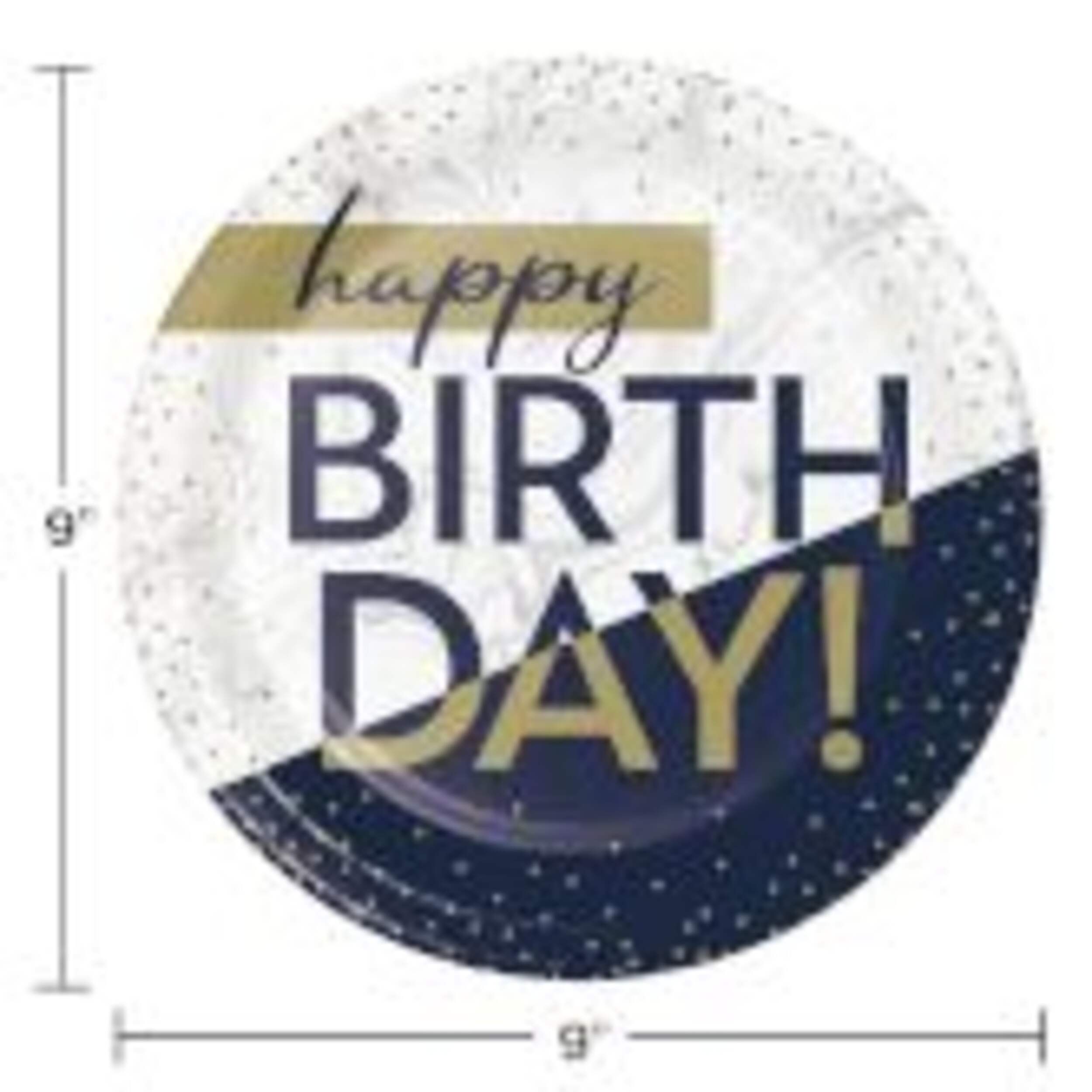 "Happy Birthday" Round Paper Disposable Dessert Plates, Navy/White, 7-in, 8-pk, for Birthday Party Overhead_Flat