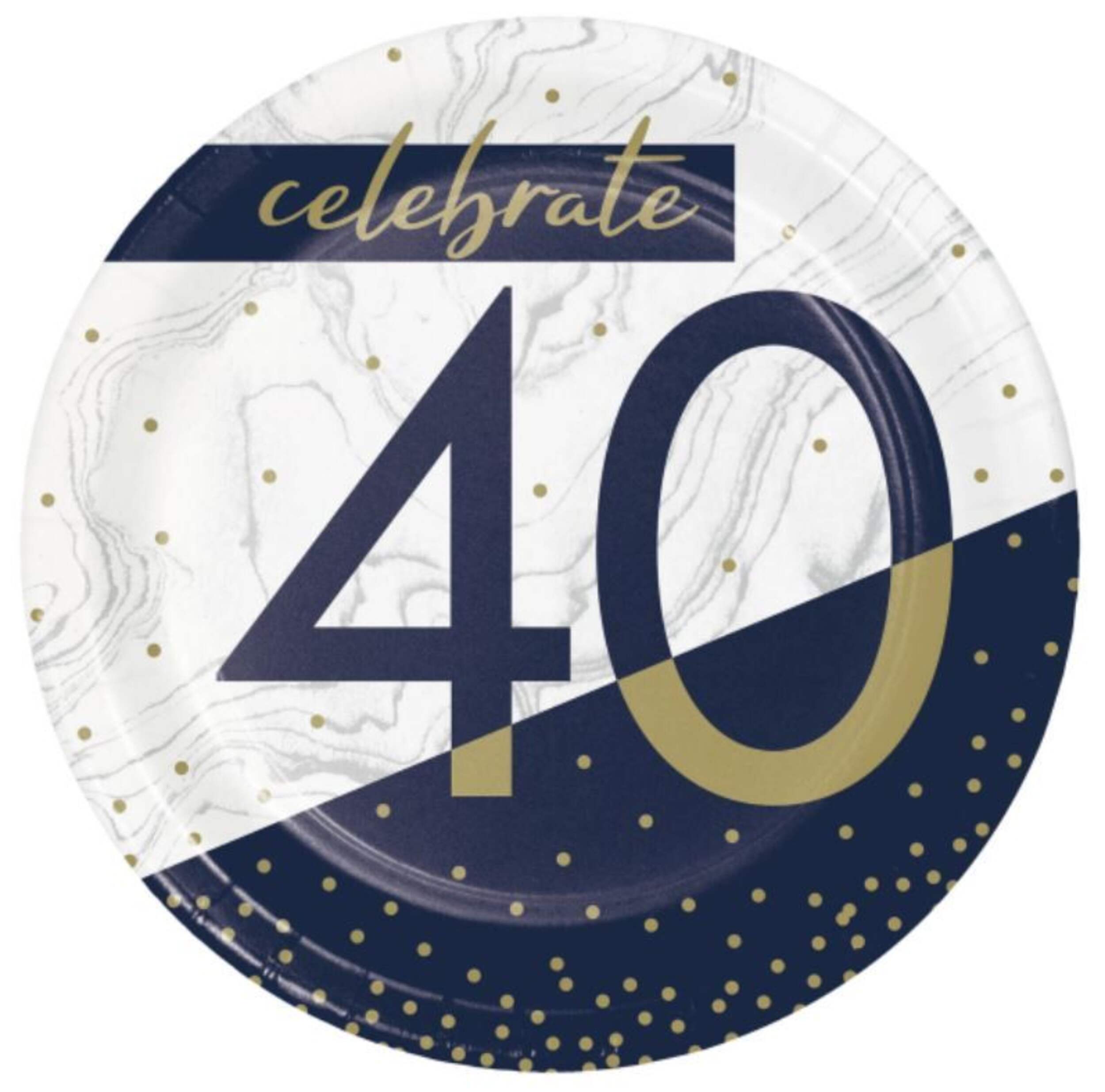 "Celebrate 40" Round Paper Disposable Dessert Plates, Navy/White, 7-in, 8-pk, for Milestine Birthday Overhead_Flat