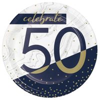 "Celebrate 50" Round Paper Disposable Dessert Plates, Navy/White, 7-in, 8-pk, for Milestine Birthday Overhead_Flat