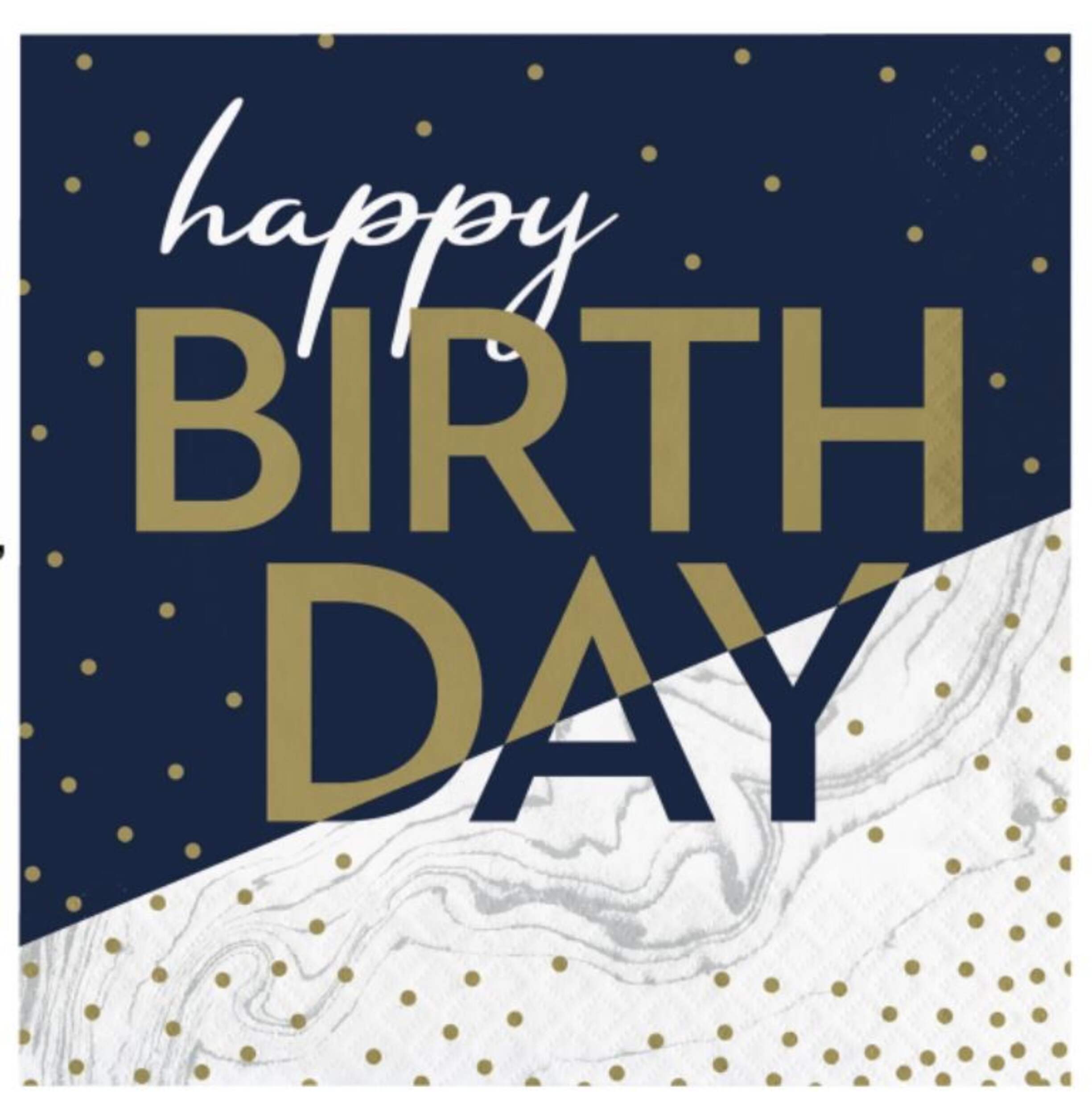 "Happy Birthday" Square Paper Disposable Lunch Napkins, Navy/Gold, Marble, 6.5-in, 16-pk, 2-ply, for Milestone Birthday Overhead_Flat