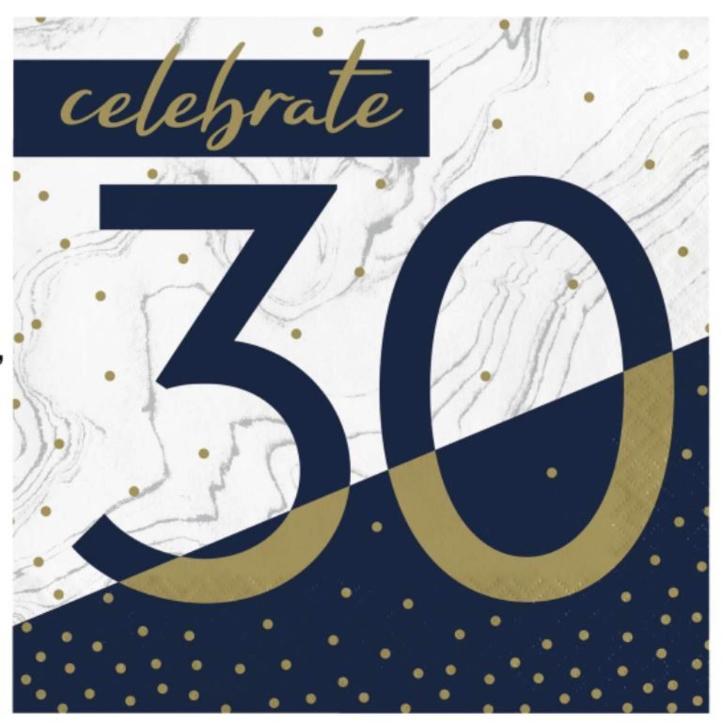 Serviettes de table de 30e anniversaire bleu marine et dorée, paq.&nbsp;16 Overhead_Flat
