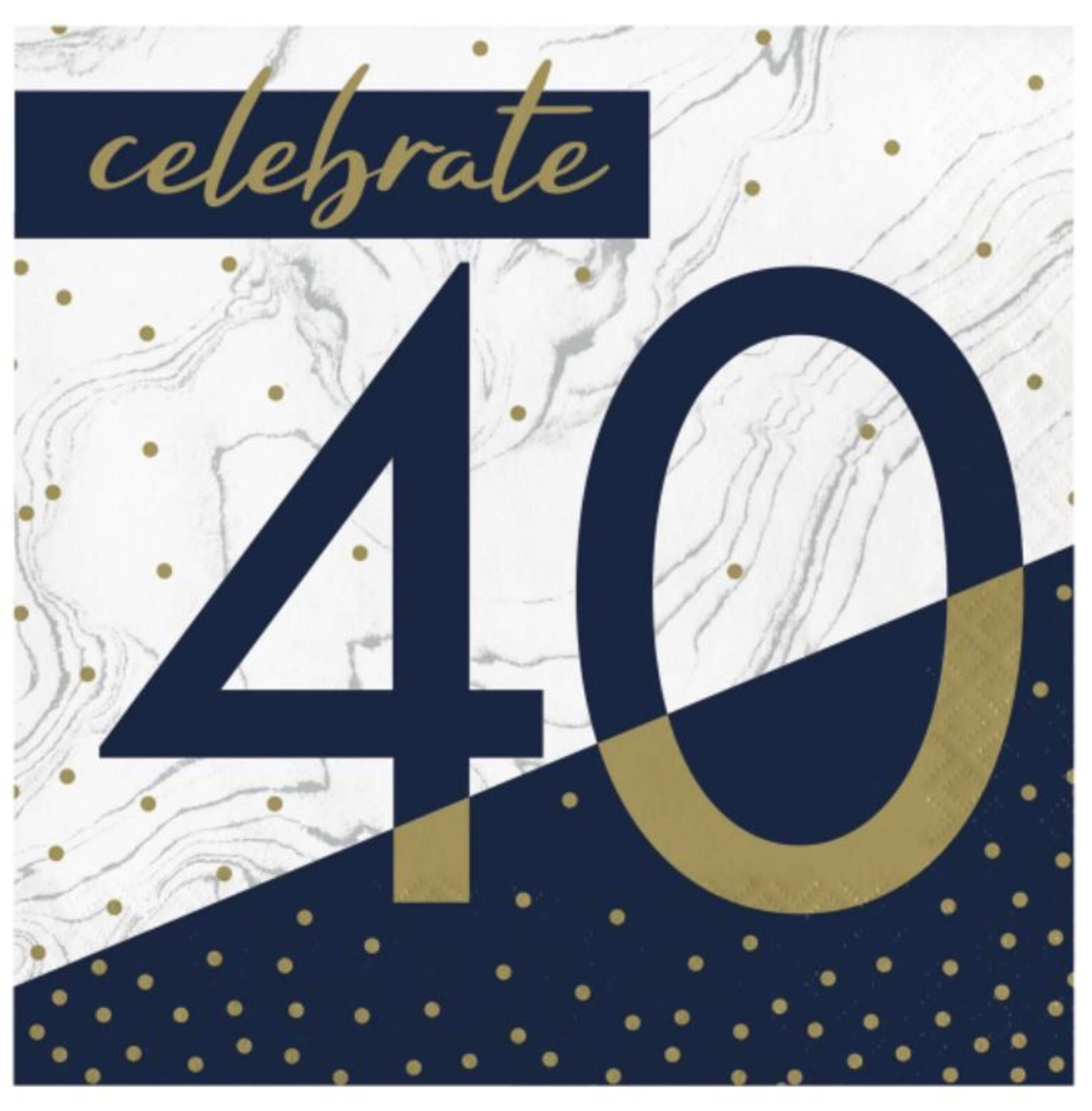 Serviettes de table de 40e anniversaire bleu marine et dorée, paq.&nbsp;16 Overhead_Flat