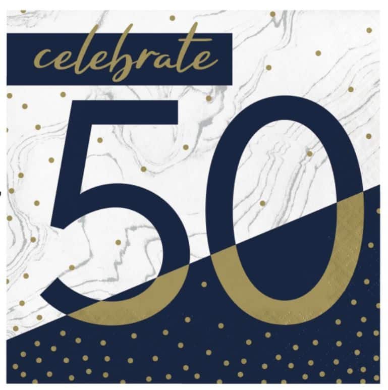 "Celebrate 50" Square Paper Disposable Lunch Napkins, Navy/Gold, Marble ...
