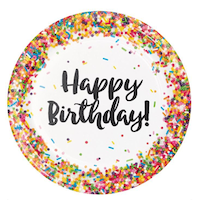 Confetti Sprinkles "Happy Birthday" Round Paper Disposable Lunch Plates, White/Multi-Coloured, 9-in, 8-pk, for Birthday Party Overhead_Flat