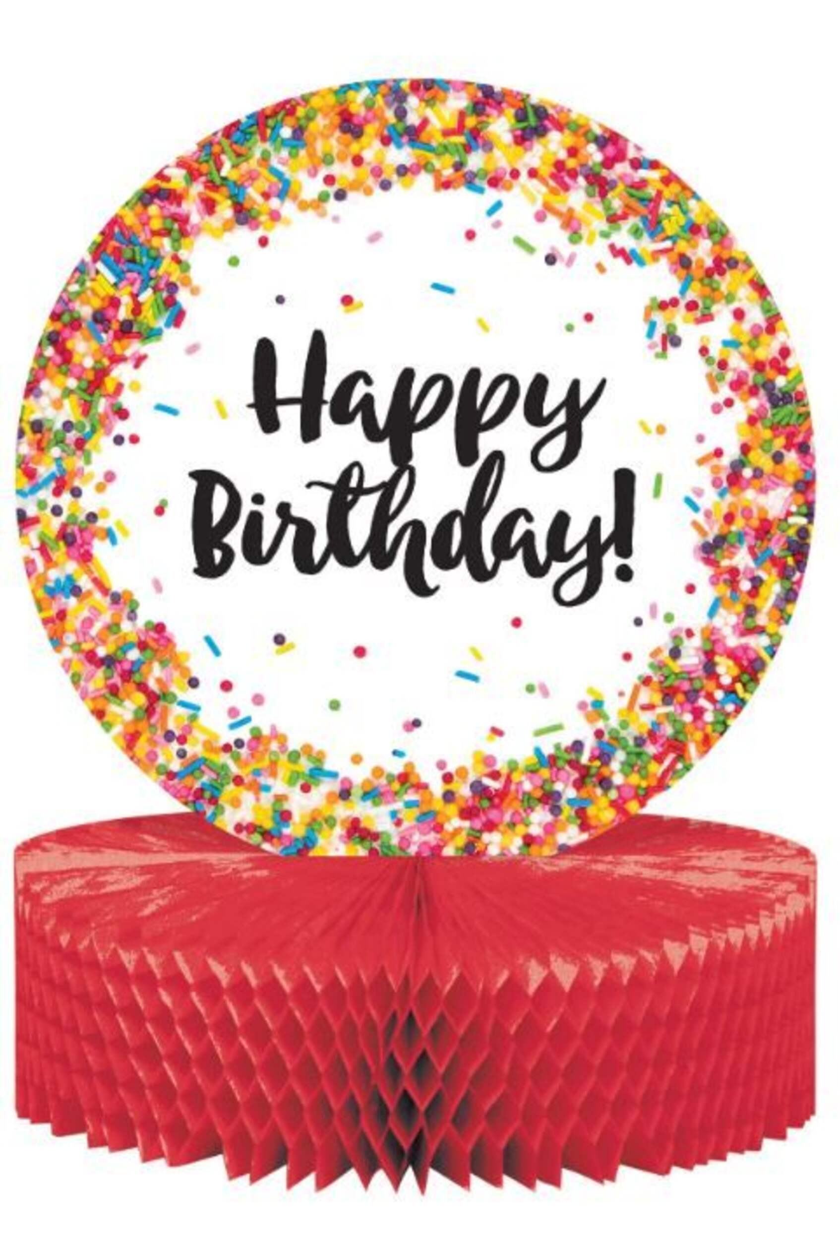 Confetti Sprinkles "Happy Birthday" Sign Table Centerpiece Decoration, Red/White, 12-in, for Birthday Party Front_Flat
