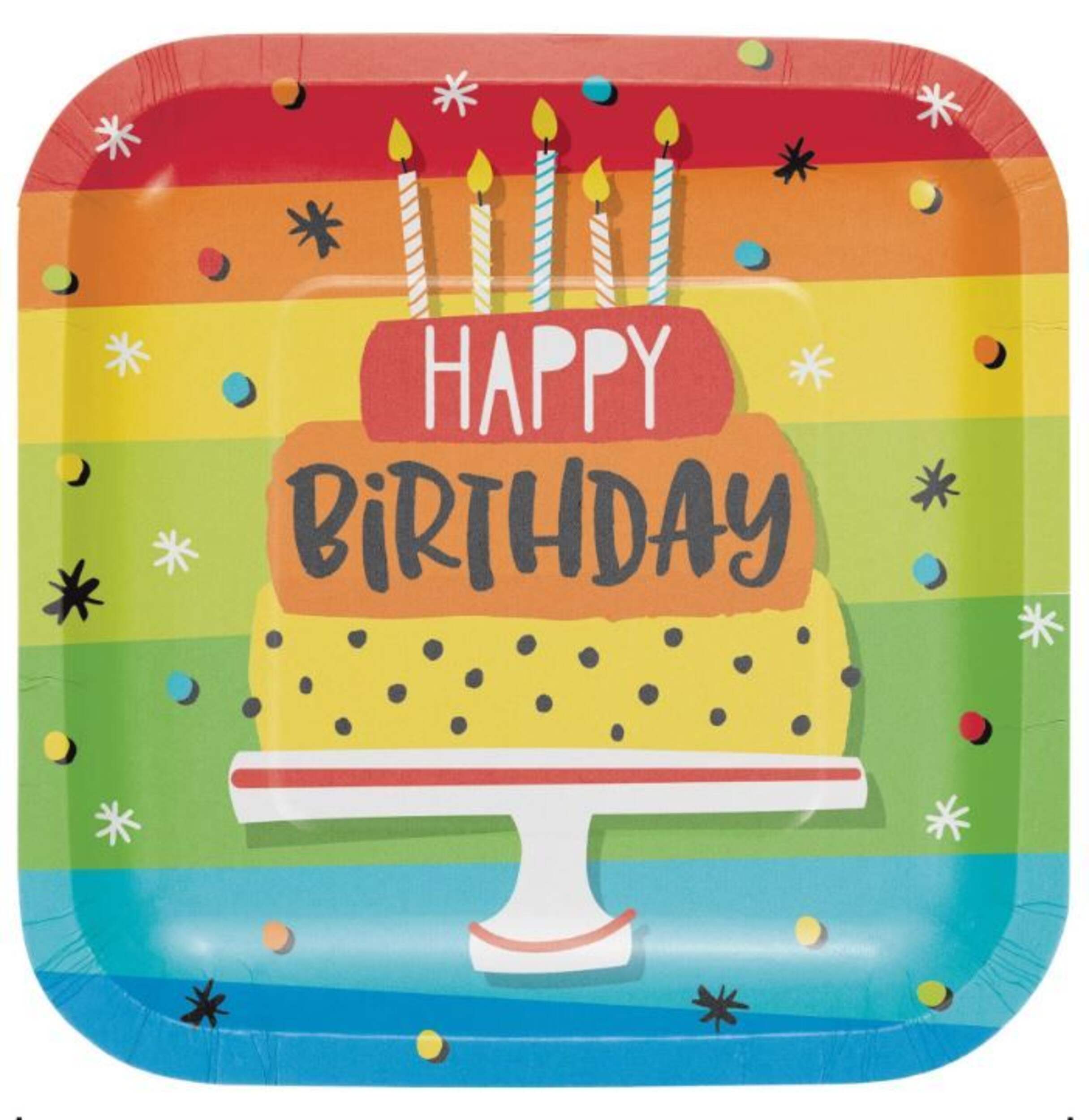 "Happy Birthday" Square Paper Disposable Dessert Plates, Multi-Coloured, 7-in, 8-pk, for Birthday Party Overhead_Flat