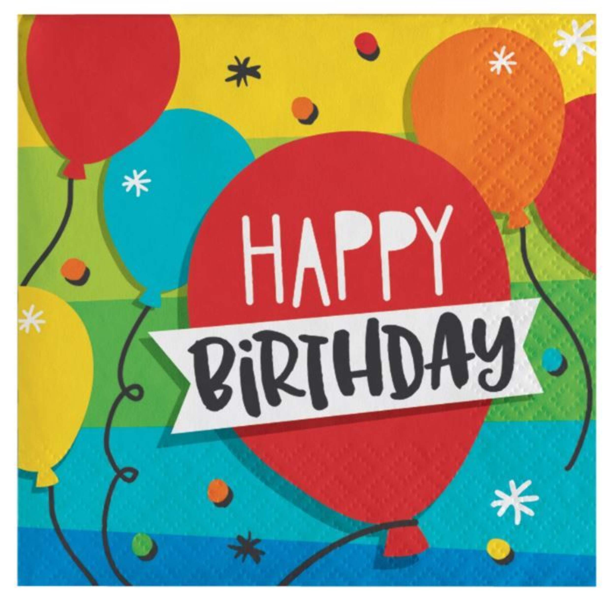 Balloon Birthday "Happy Birthday" Square Paper Disposable Beverage Napkins, Multi-Coloured, 5-in, 16-pk, 2-ply, for Birthday Party Overhead_Flat