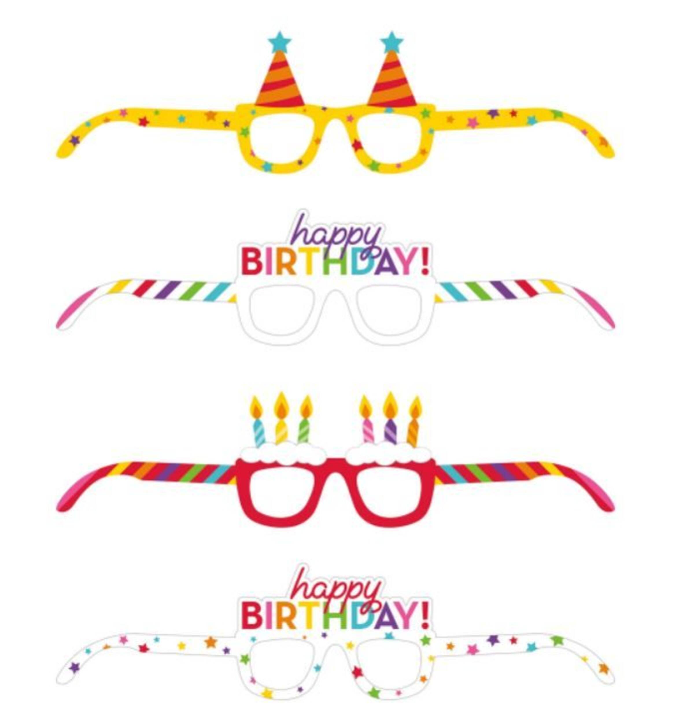 "Happy Birthday" Paper Polka Dot & Striped Eyeglasses, Multi-Coloured, One Size, 4-pk, Wearable Accessories for Birthdays Front_Flat