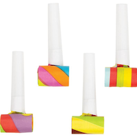 Blowout Noisemakers, Multi-Coloured, 5-in, 4-pk, for Birthday Party Front_Flat