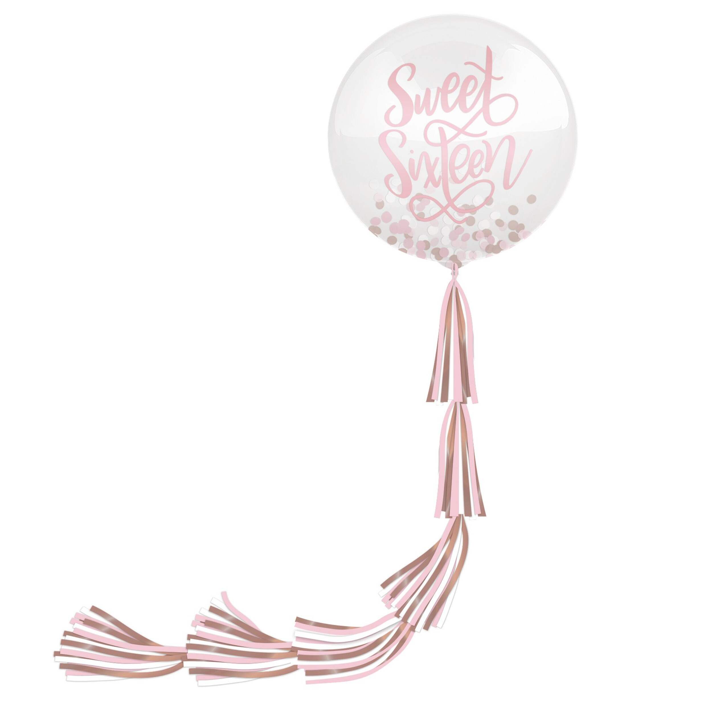 "Sweet Sixteen" Round Transparent Confetti Latex Balloon with Balloon Tail, Pink/Rose Gold 24-in, 2-pk, for Birthday Party Front_Flat