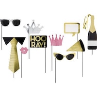 "Hooray" Photo Booth Sign Props, Black/Gold, 15-in, 10-pk, for New Year's Eve Front_Flat