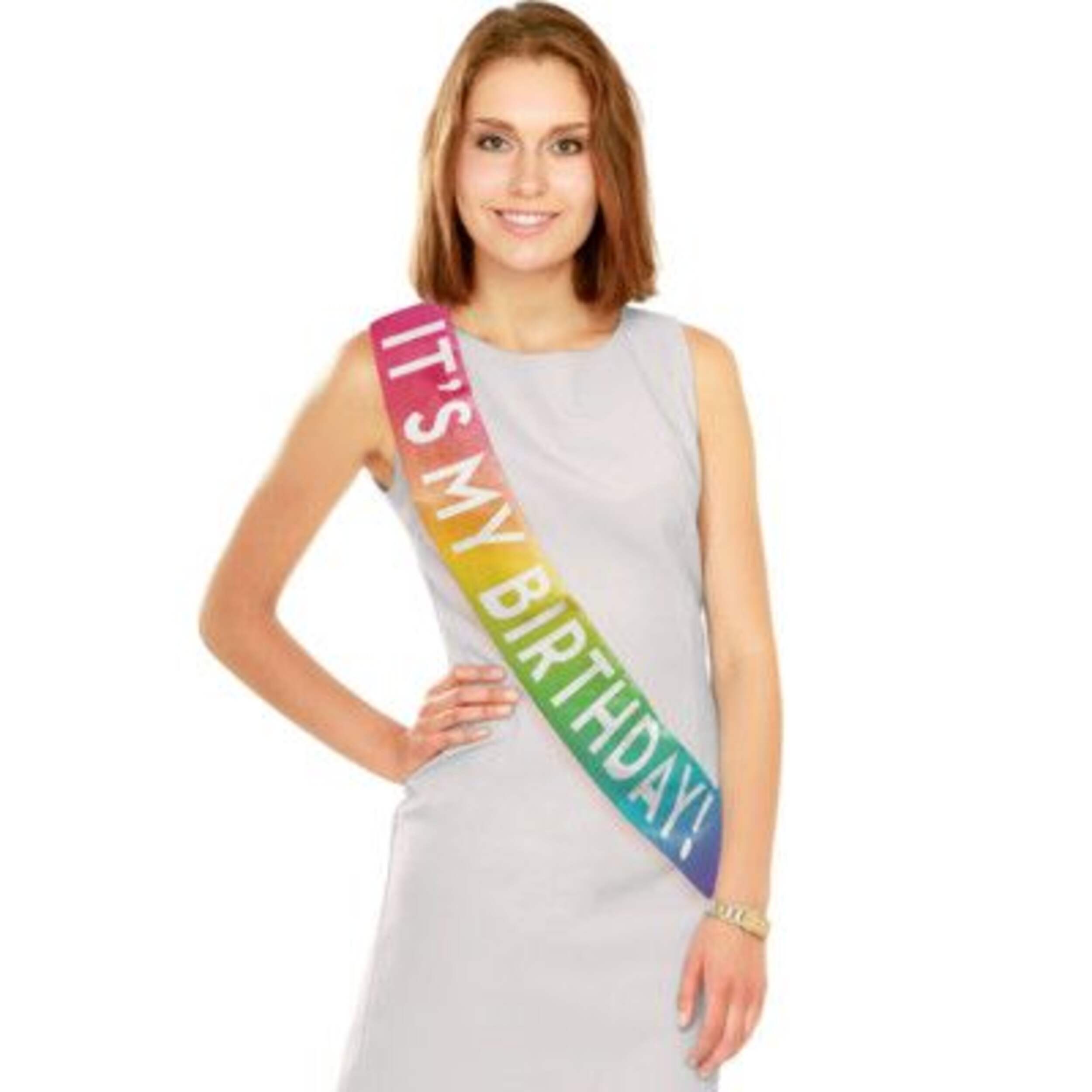 "It's My Birthday" Sash, Rainbow, One Size, Wearable Accessory for Birthdays Front_Flat