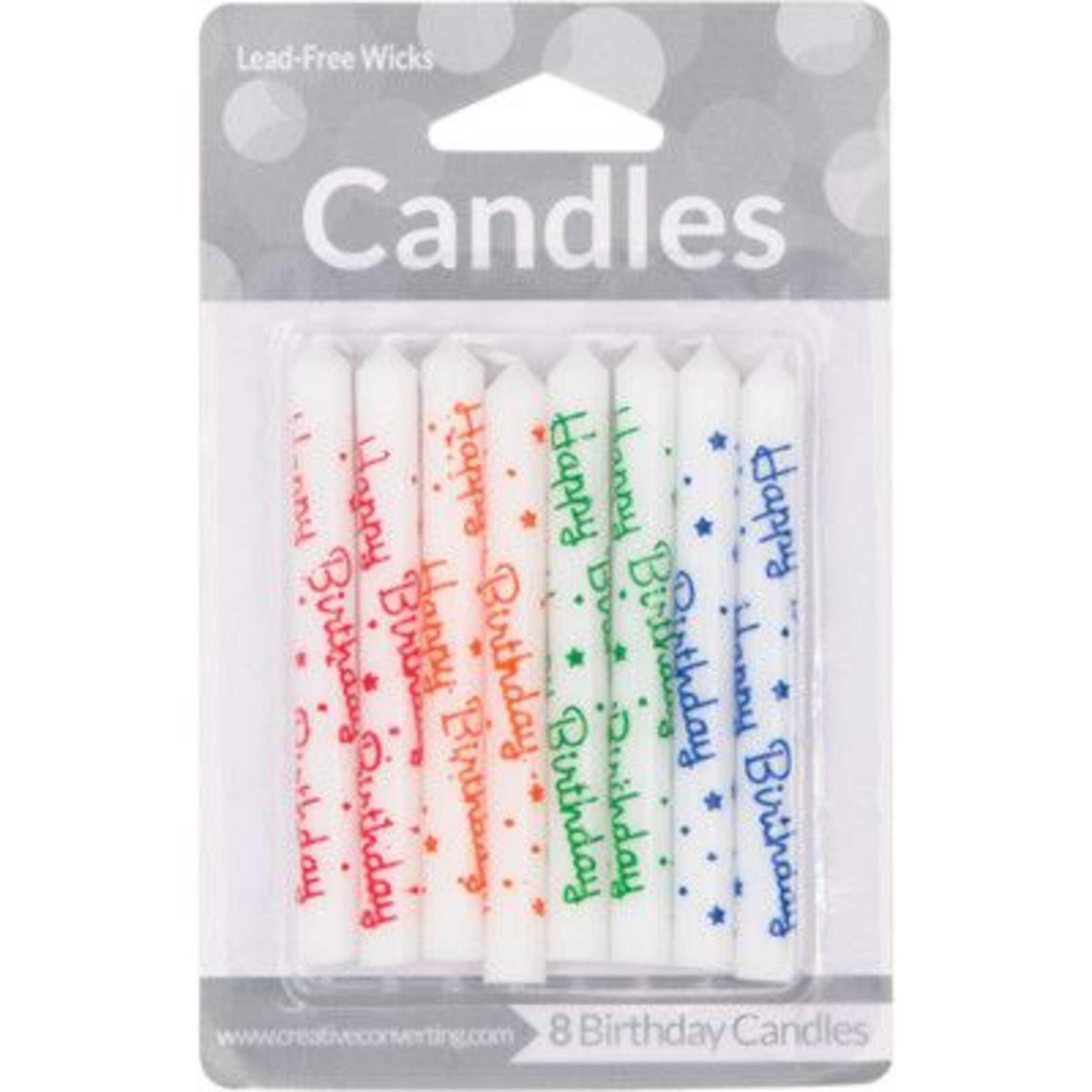 "Happy Birthday" Wax Candles, White/Mult-Coloured, 3-in, 8-pk, for Birthday Party Front_Flat