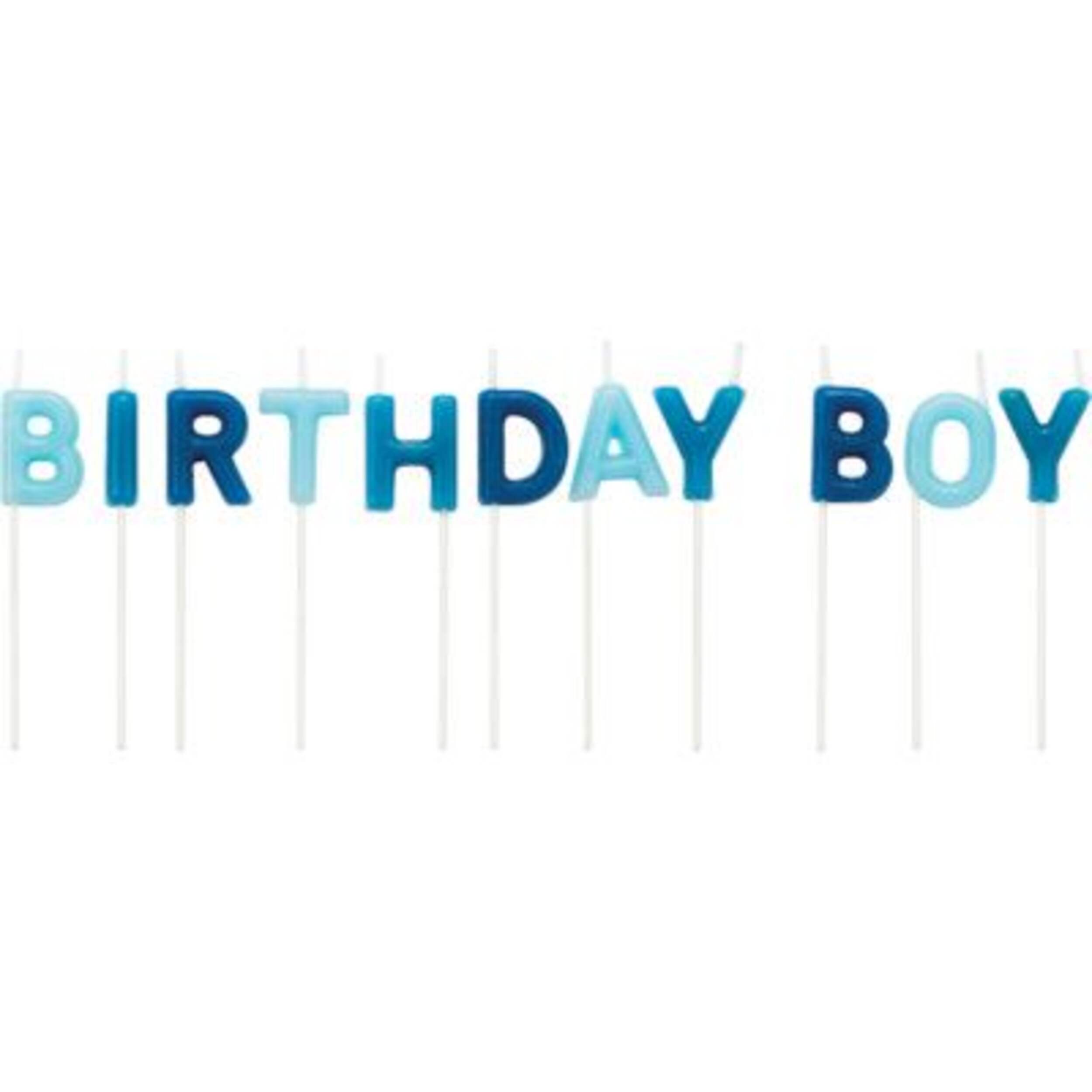 "Birthday Boy" Letter Wax Candles, Blue, 3-in, 12-pk, for Birthday Party Front_Flat