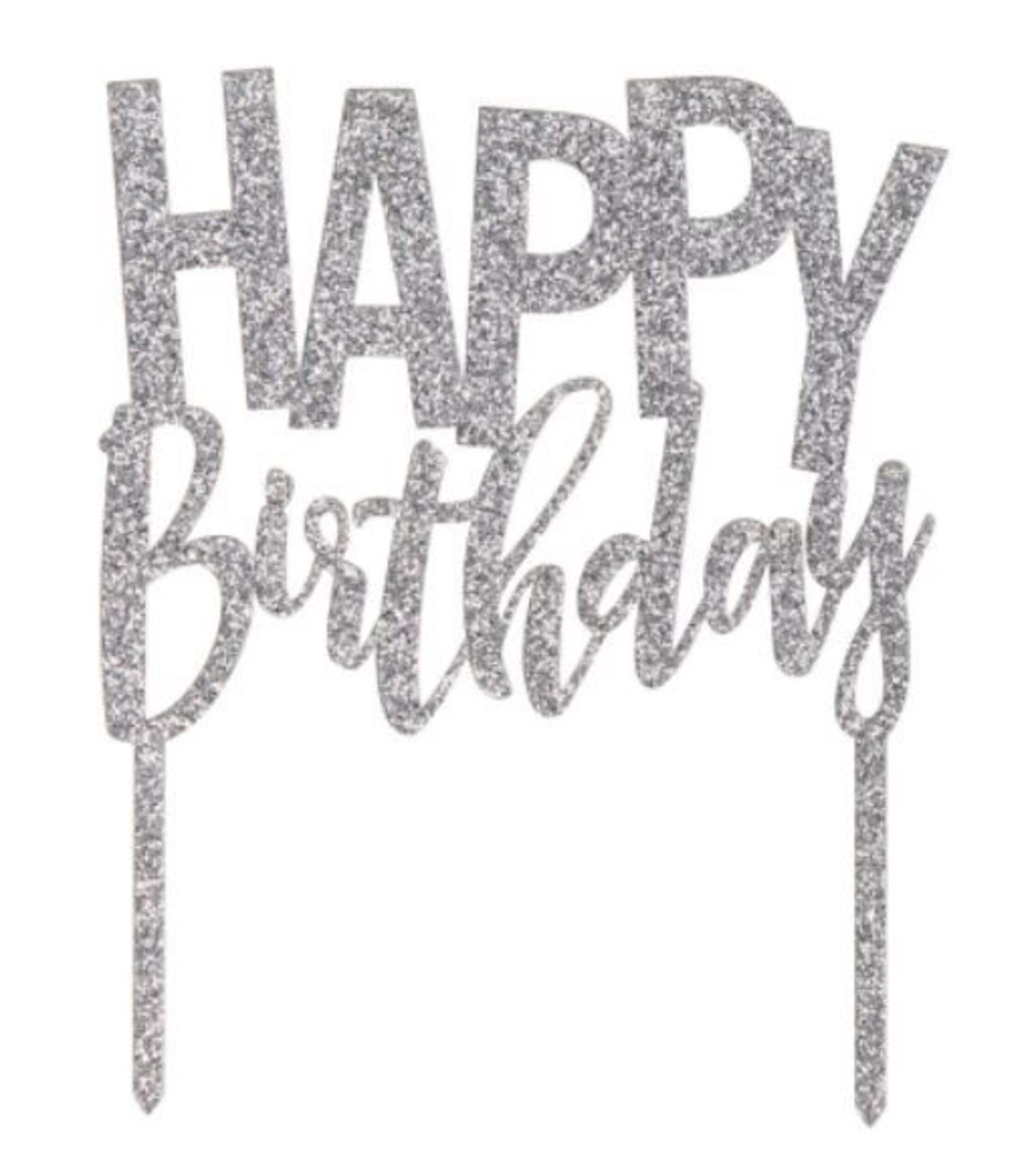 "Happy Birthday" Glitter Cake Treat Topper, Silver, 4.5-in, for Birthday Party Front_Flat