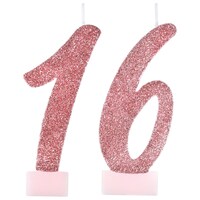Sweet Sixteen "16" Number Wax Glitter Candles, Rose Gold, 4.5-in, 2-pk, for Birthday Party