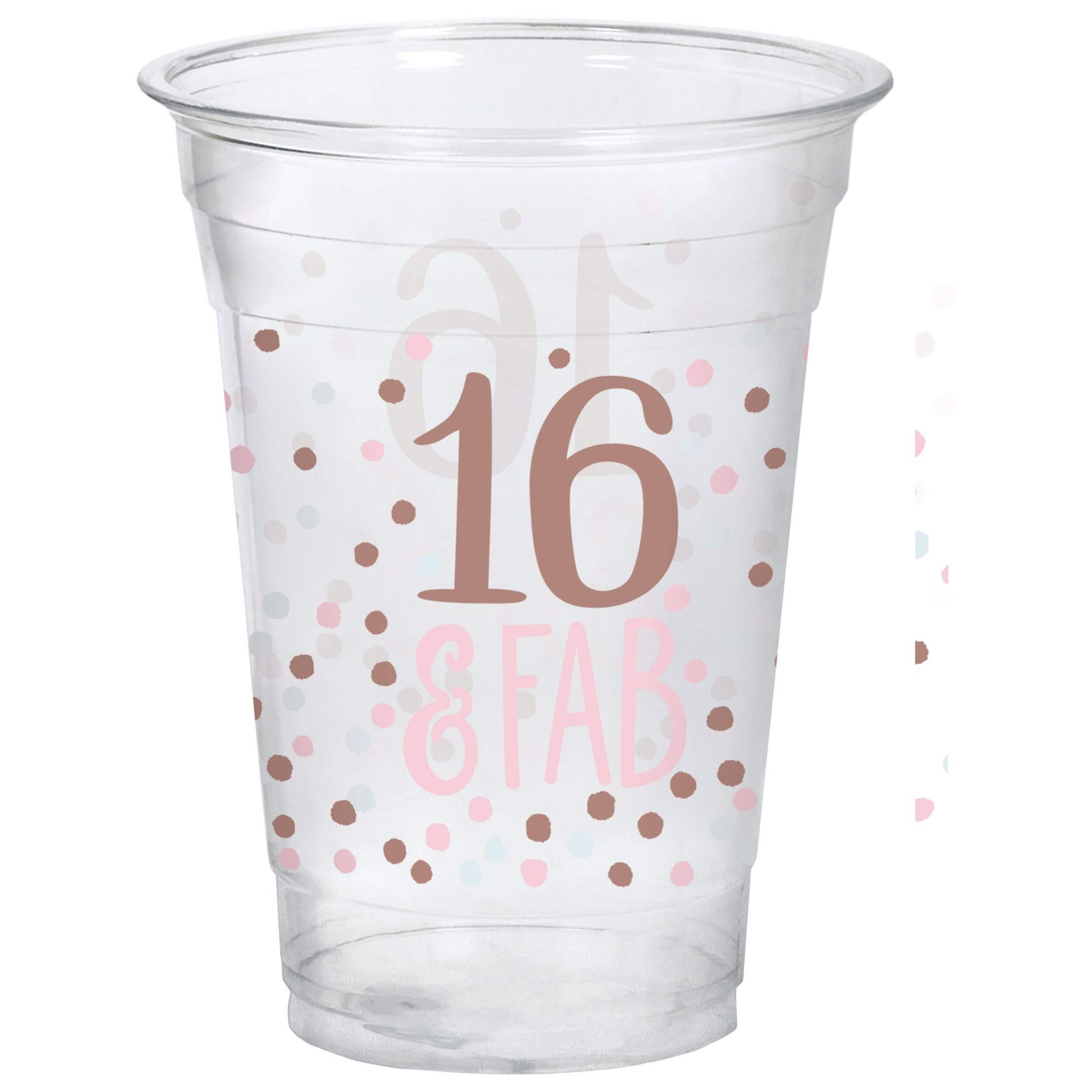 "16 & Fab" Plastic Reusable Cups, Clear/Pink, 16-oz, 20-pk, for Birthday Party Front_Elevated