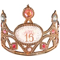 Sweet Sixteen Light-Up Bejeweled Crown Tiara, Rose Gold, One Size, Wearable Accessory for Birthdays Front_Flat