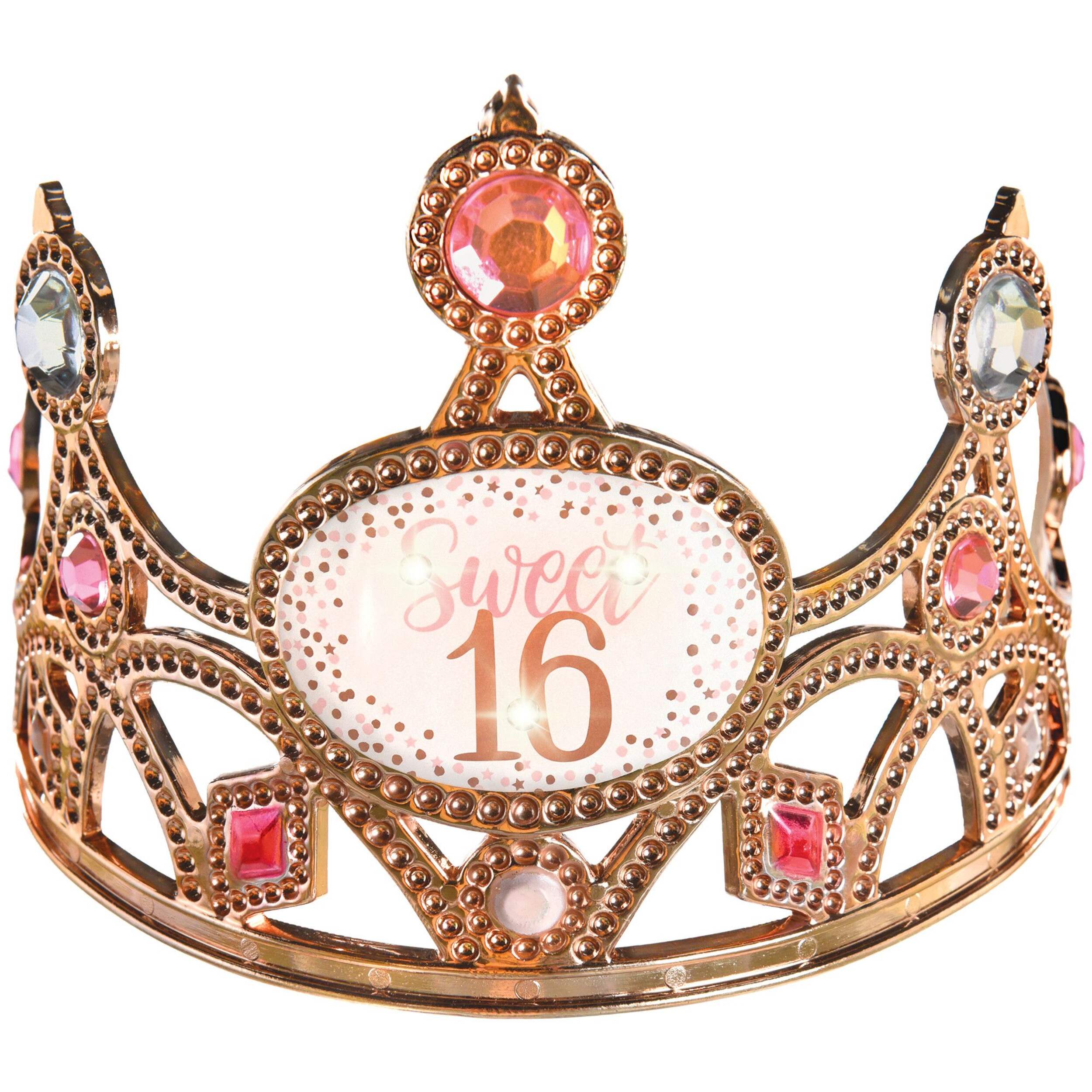Sweet Sixteen Light-Up Bejeweled Crown Tiara, Rose Gold, One Size, Wearable Accessory for Birthdays Front_Flat