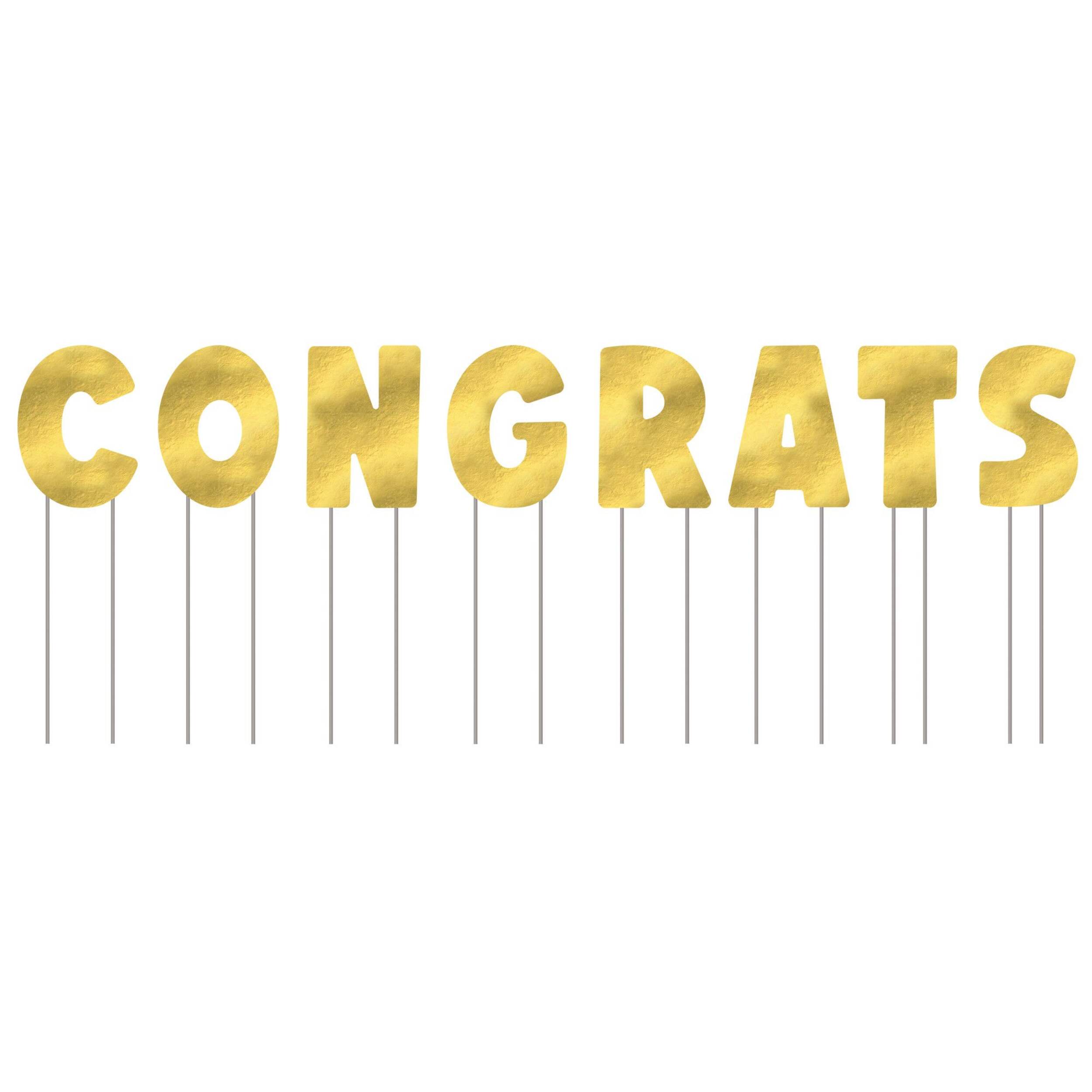 "Congrats" Outdoor Yard Stake Sign Decorations, Gold, 25-in, 8-pk, for Graduation Front_Flat