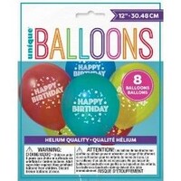 "Happy Birthday" Round Latex Balloons, Red/Blue/Yellow, 12-in, 8-pk, for Birthday Party Front_Flat