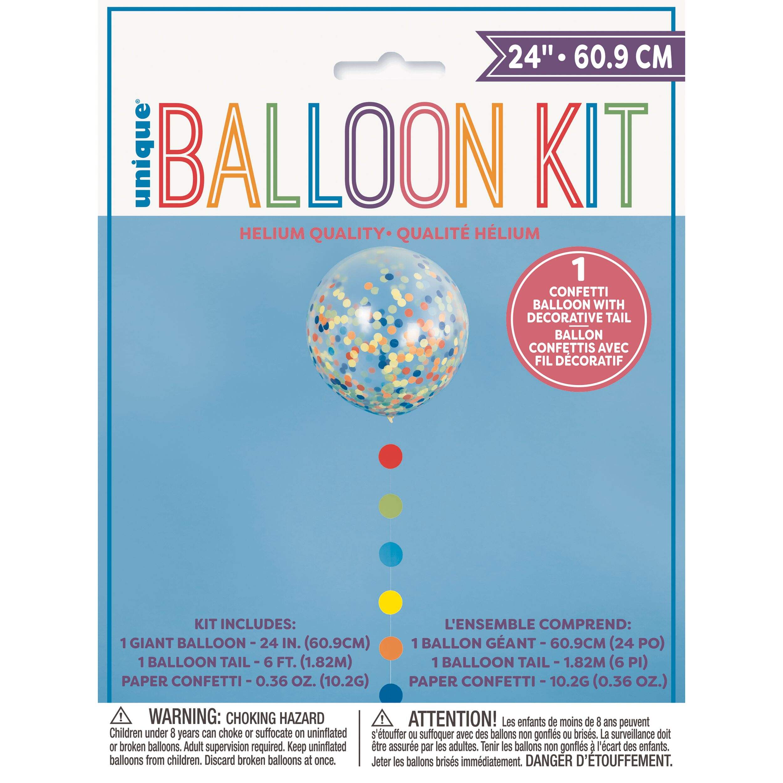 Round Transparent Confetti Latex Balloon with Balloon Tail, Red/Green/Blue/Yellow, 24-in, for Birthday Party Front_Flat