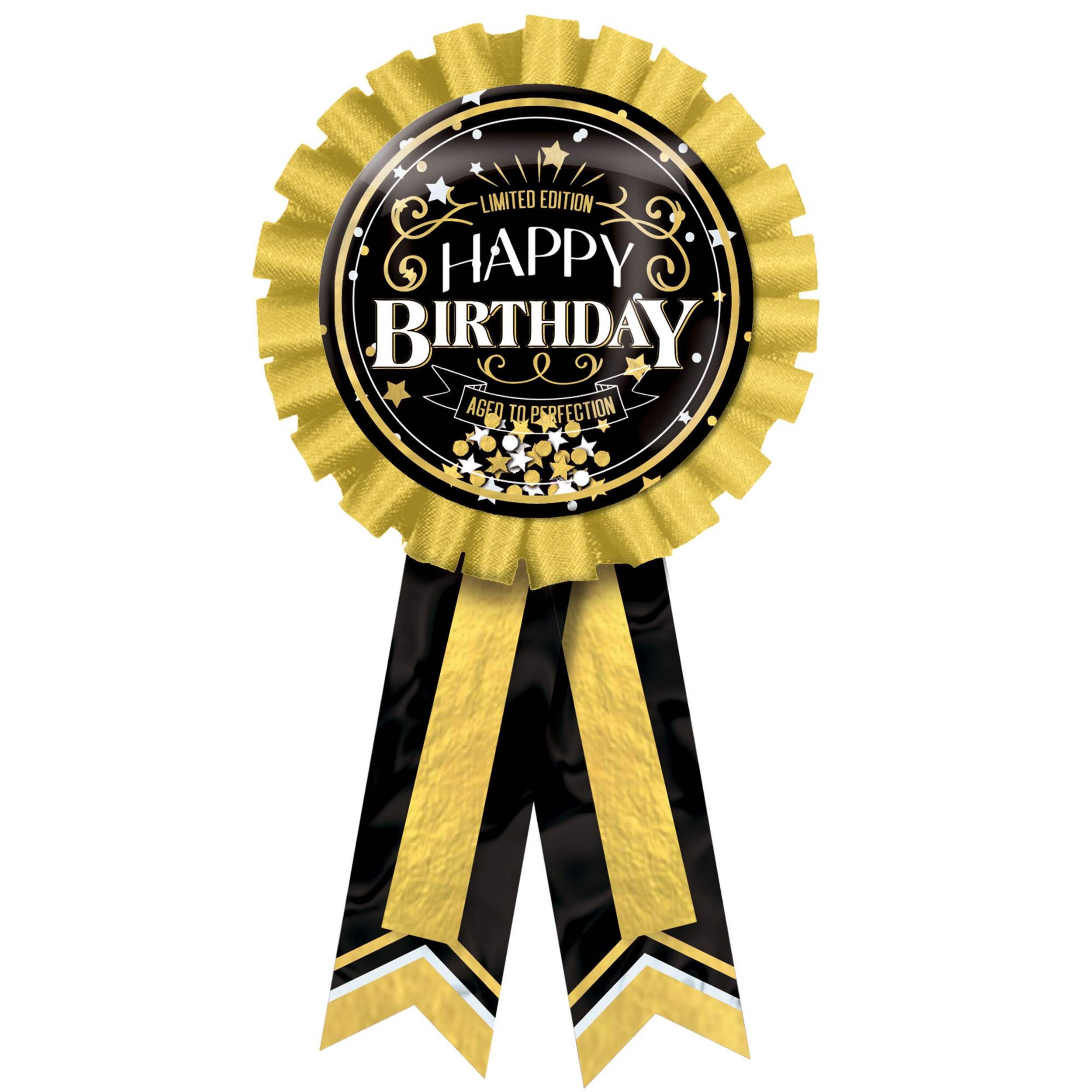 Better with Age "Happy Birthday" Award Ribbon, Black/Gold, One Size, Wearable Accessory for Birthdays Front_Flat