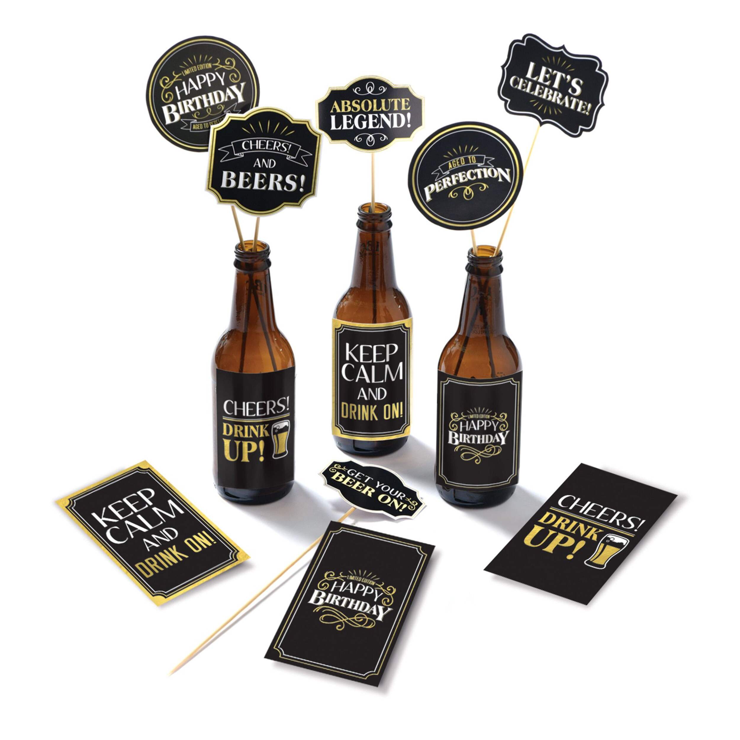 Better with Age "Cheers and Beers" Beer Kit Table Decorating Kit Centerpieces, Gold/Black, 16-in, 12-pk, for Birthday Party Composite_or_Mixed