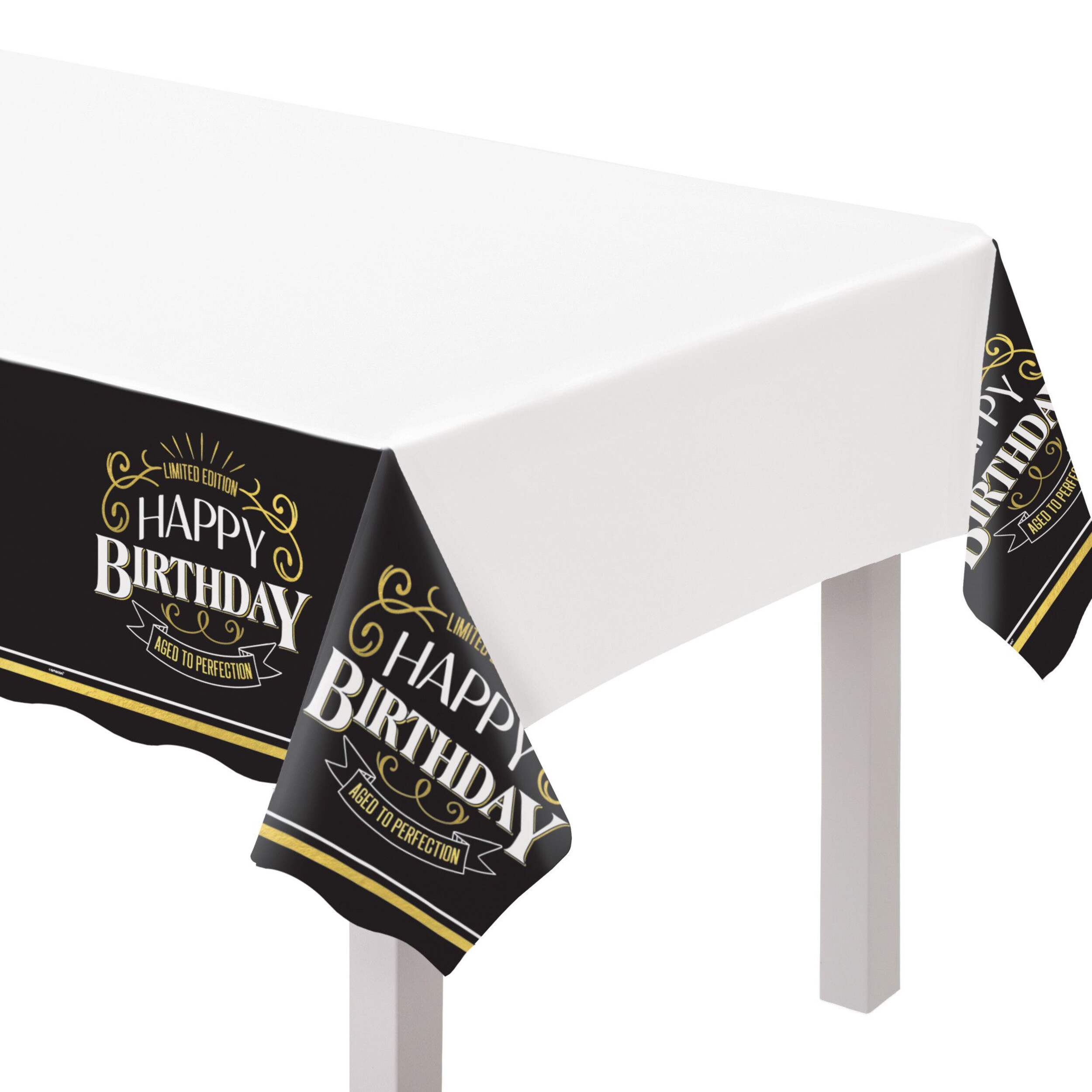Better with Age "Happy Birthday" Rectangle Plastic Reusable Table Cover, White/Black, 54x96-in, for Birthday Party CloseUp