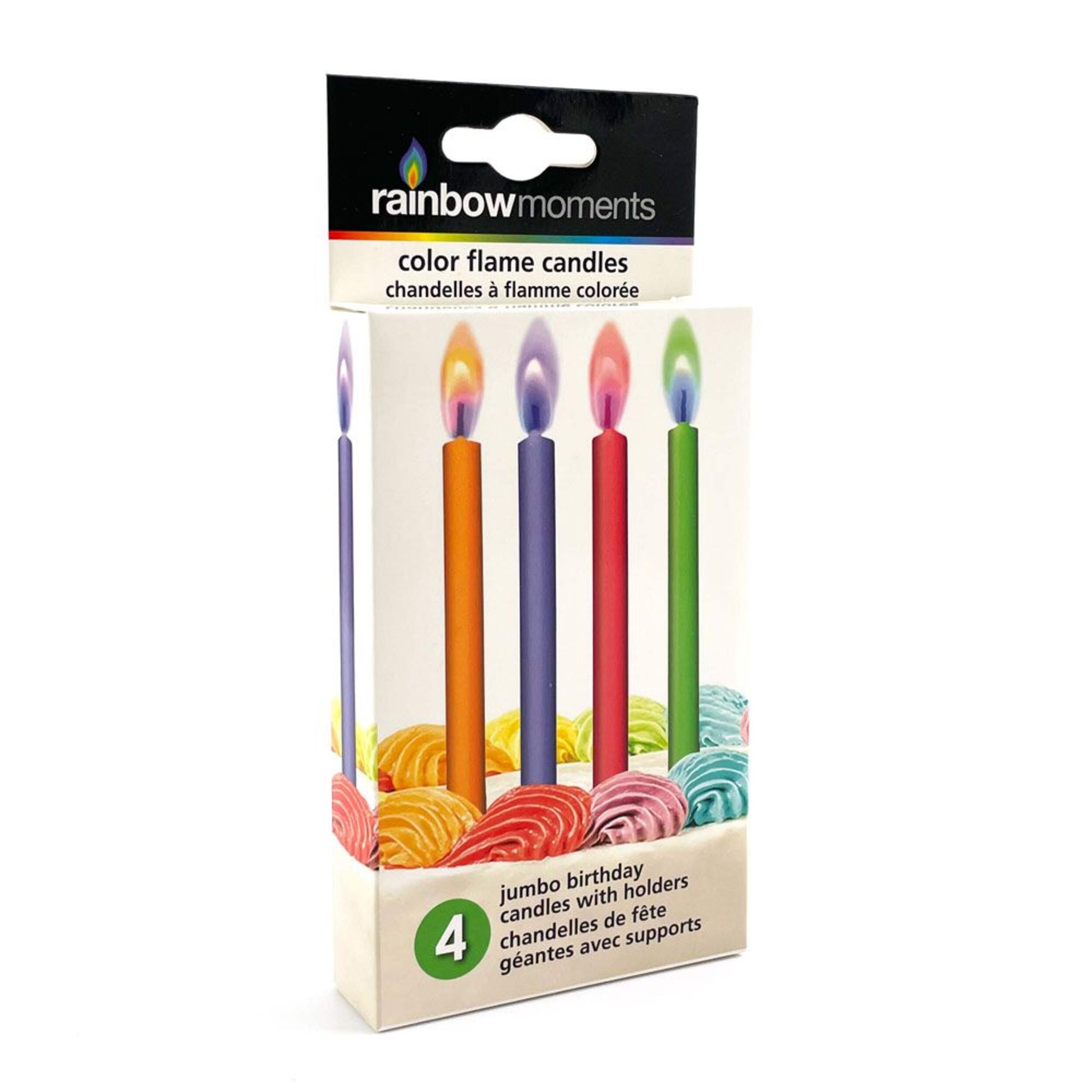 Jumbo Colour Flame Wax Candles, Orange/Purple/Red/Green, 3.9-in, 4-pk, for Birthday Party Front_Three_Fourths_Angled_Right