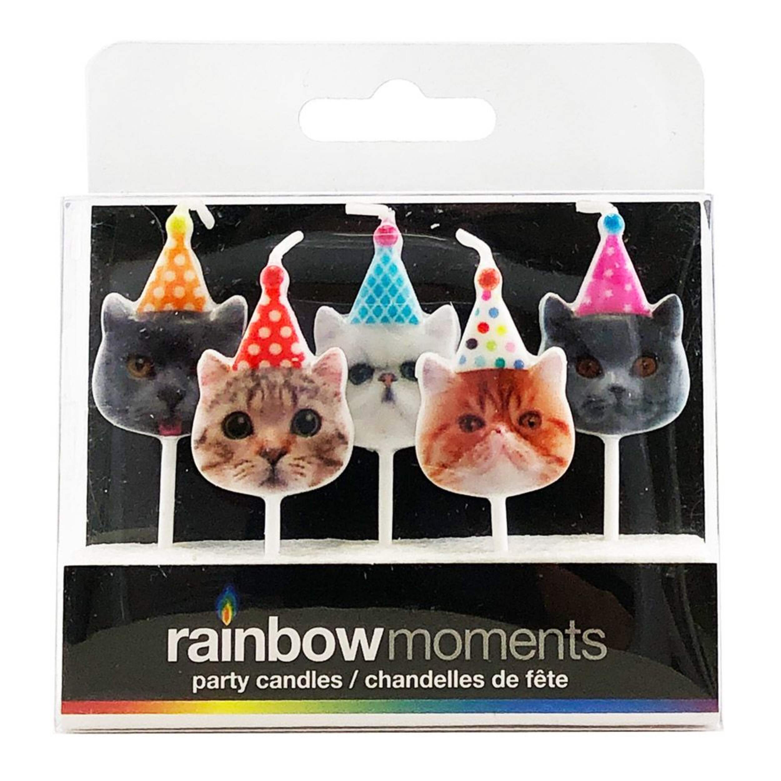 Bougies en cire chats portant des chapeaux de fête Fête de chat, multicolore, 1,4 po, paq. 5, pour fête d'anniversaire Front_Flat