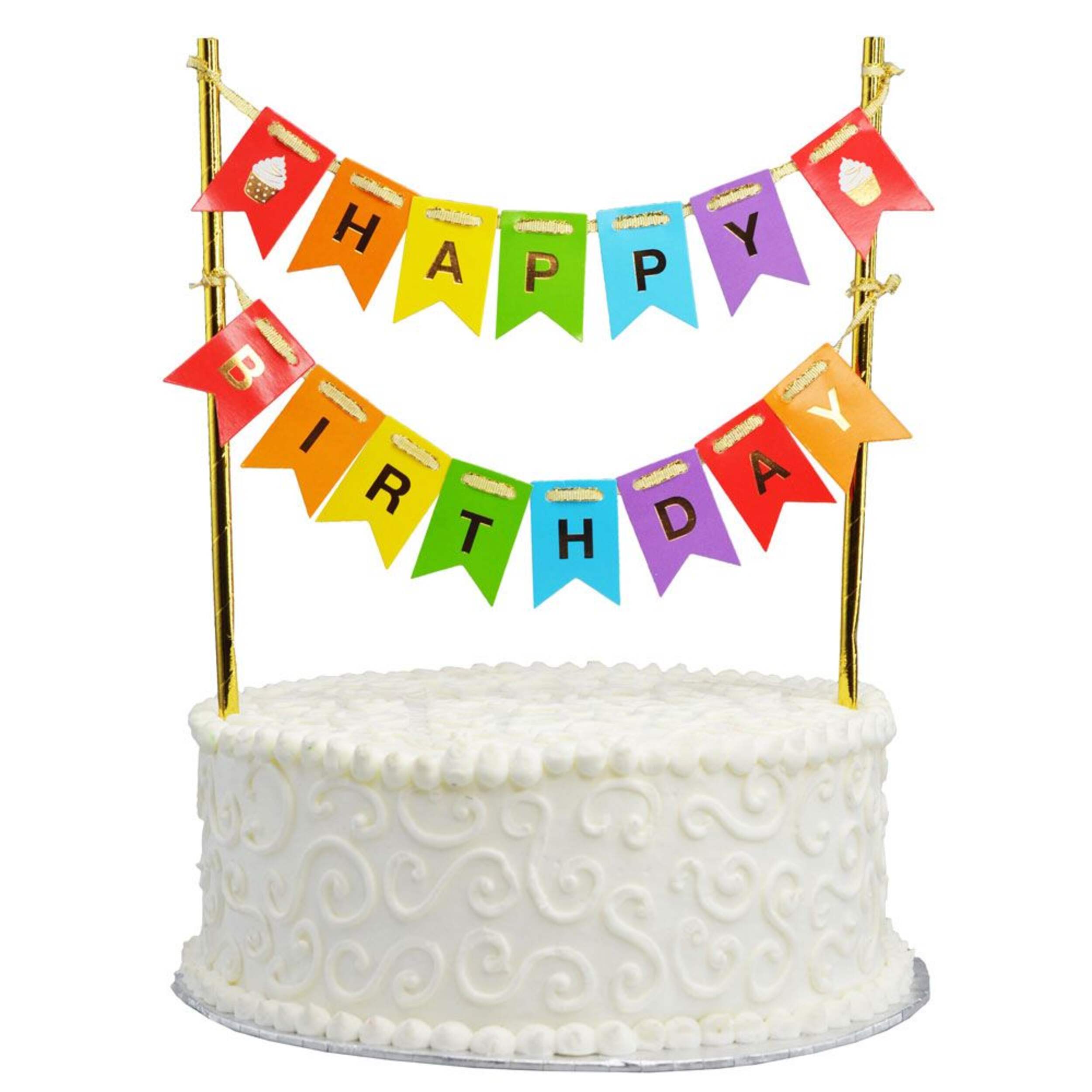 "Happy Birthday" Pennant Banner Cake Treat Topper, Multi-Coloured, 8-in, for Birthday Party Front_Flat