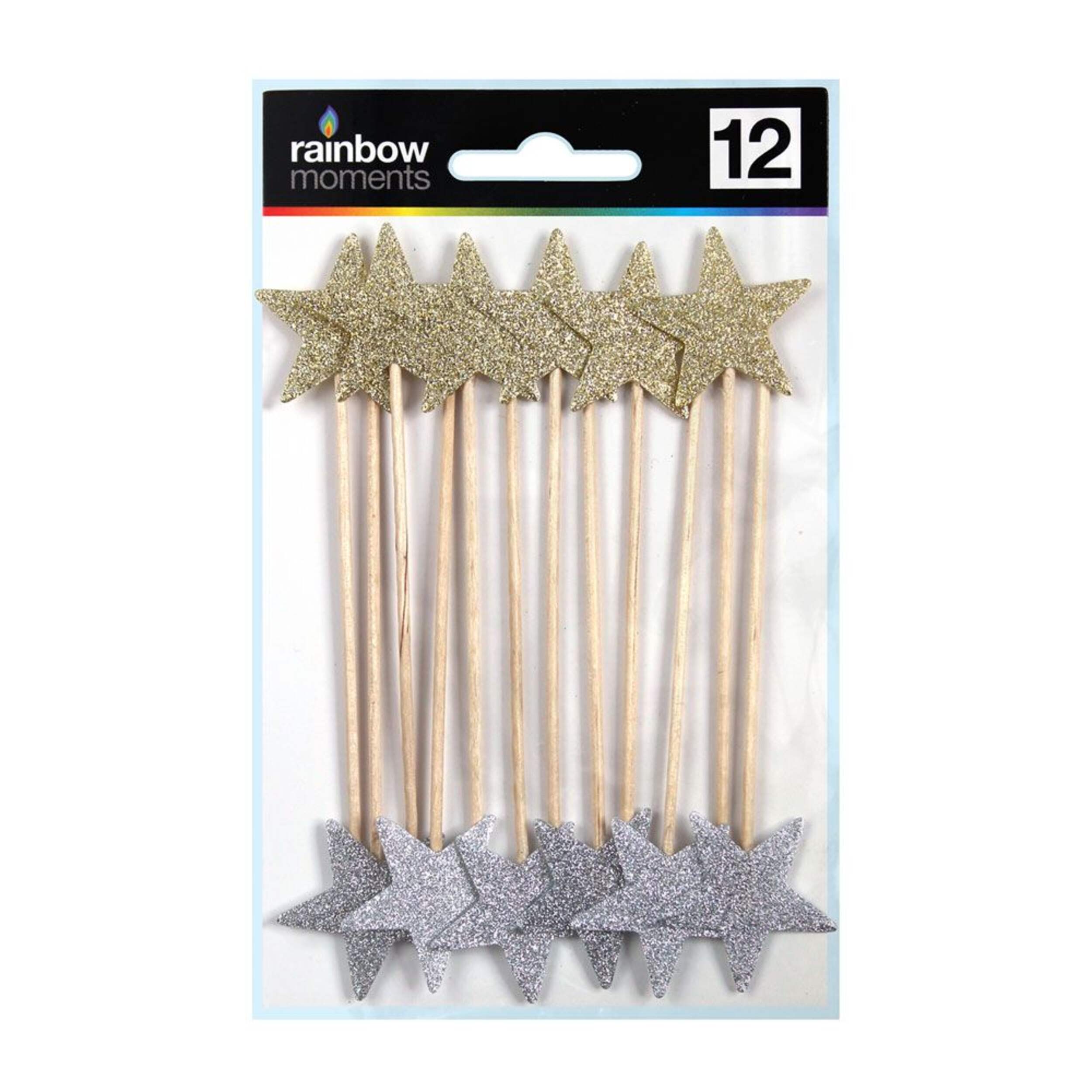 Star Glitter Two Sided Treat Party Picks, Silver/Gold, 4.3-in, 12-pk, for Birthday/Wedding/Baby Shower Front_Flat