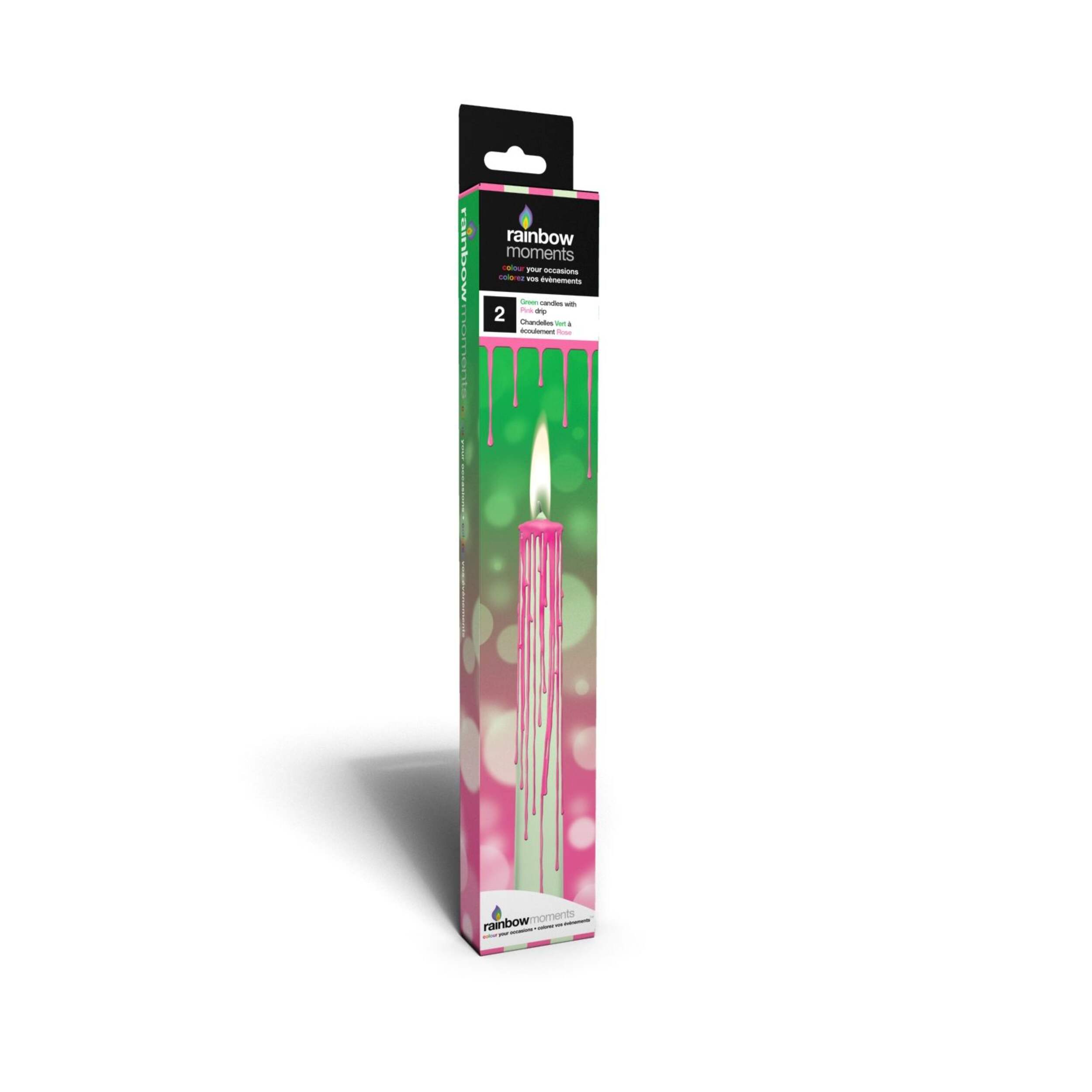 Paraffin Candles with Pink Drip, Green, 10.3-in, 2-pk, for Birthday/Halloween/Christmas Front_Three_Fourths_Angled_Right