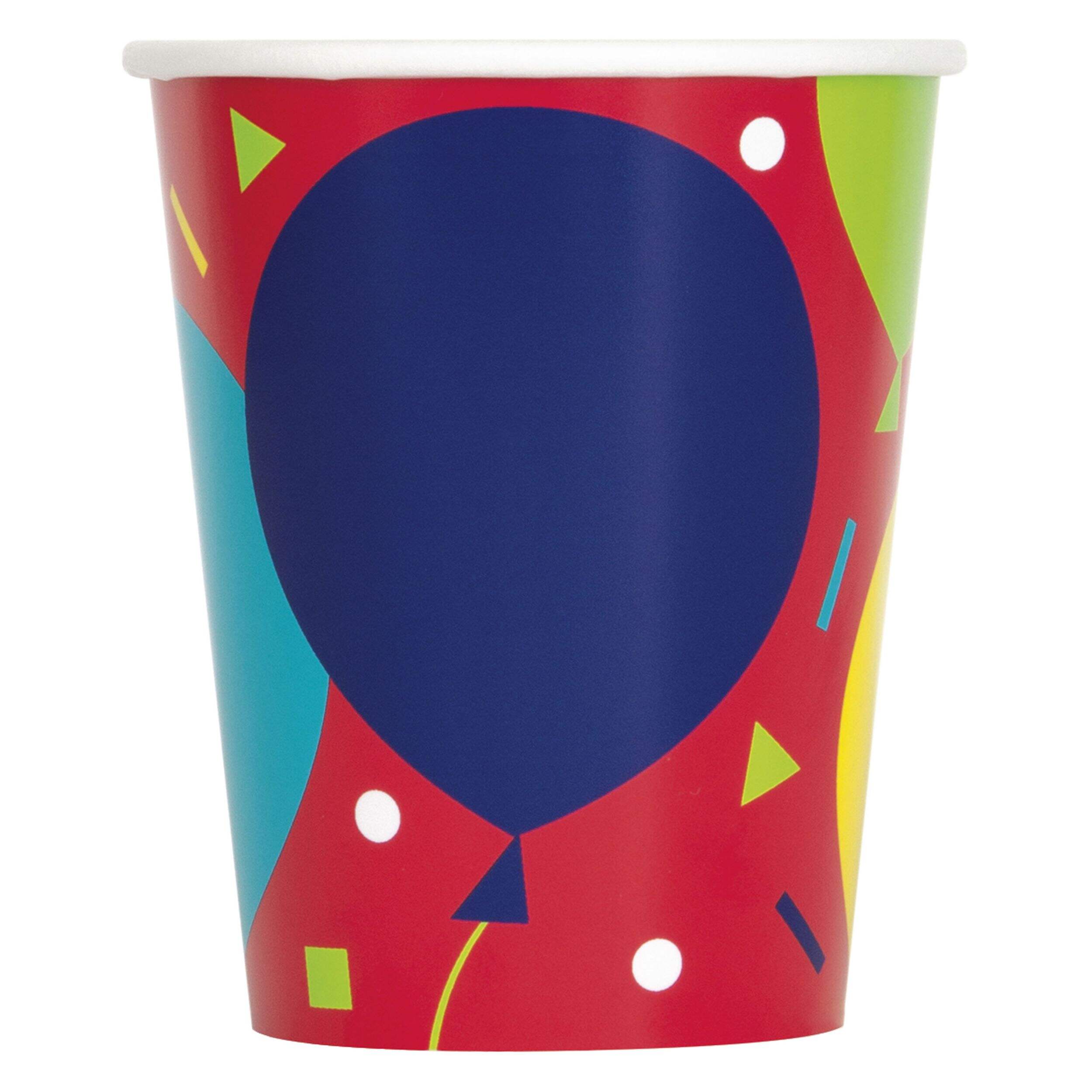 Balloon Birthday Paper Disposable Cups, Multi-Coloured, 9-oz, 8-pk, for Birthday Party Front_Flat