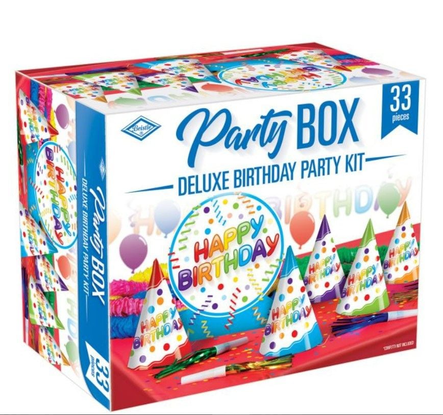“Happy Birthday” Party Kit with Cone Hats, Blowouts & Centerpiece