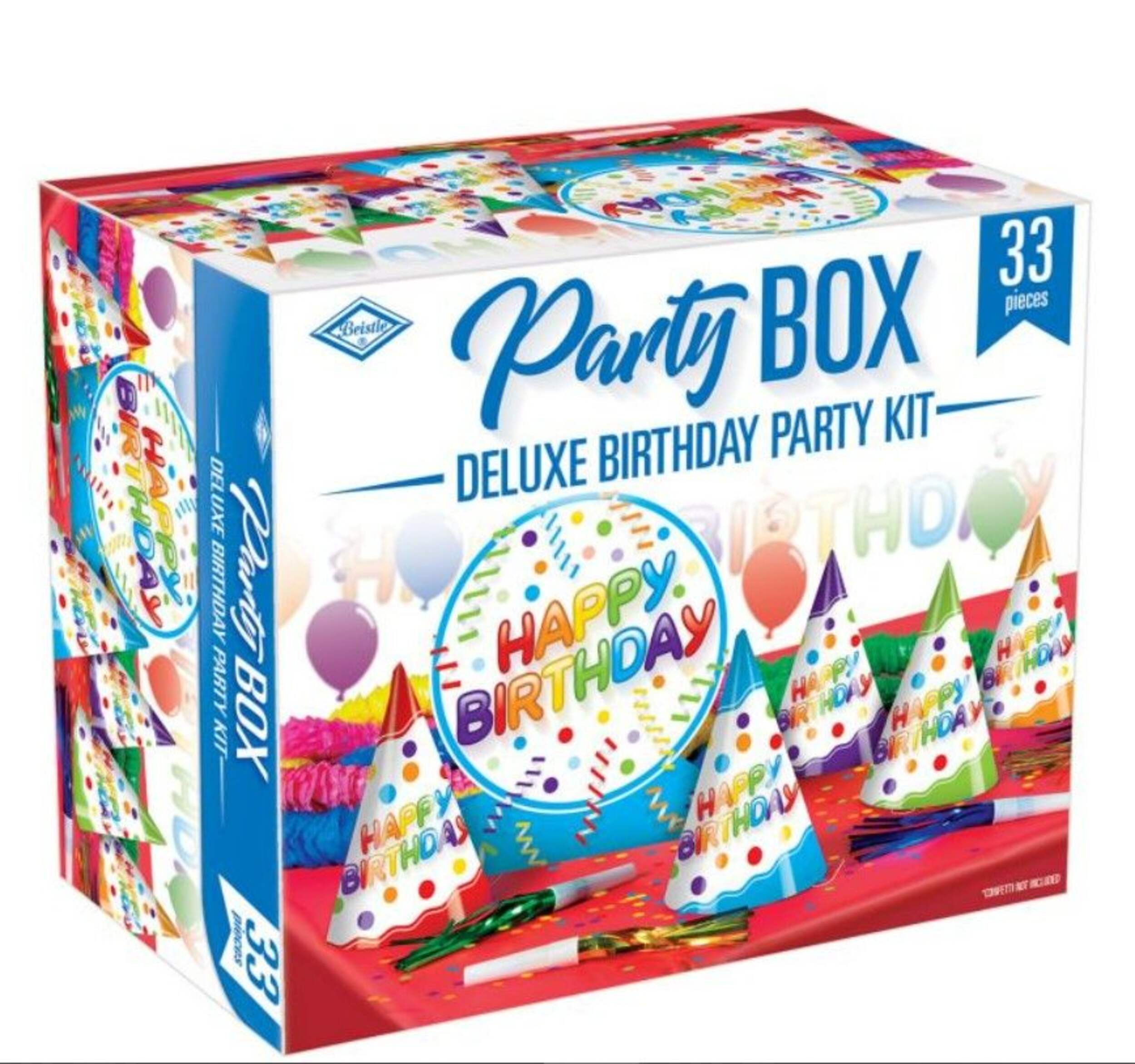 "Happy Birthday" Party Kit with Cone Hats, Blowouts & Centerpiece, Multi-Coloured, Polka Dot, 33-pk, for Birthday Party Front_Three_Fourths_Angled_Right